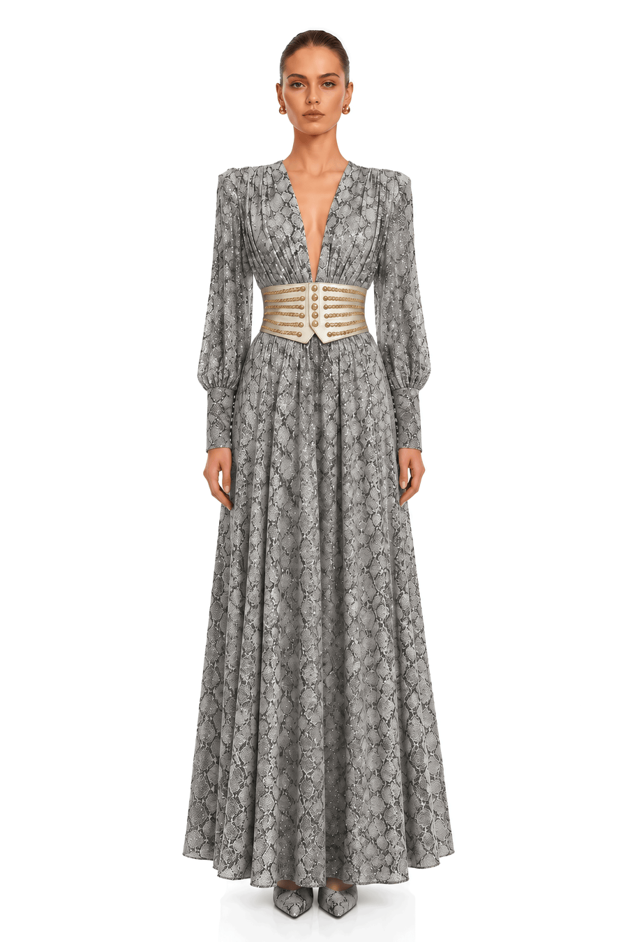 ysella grey embellished plunge belted maxi dress