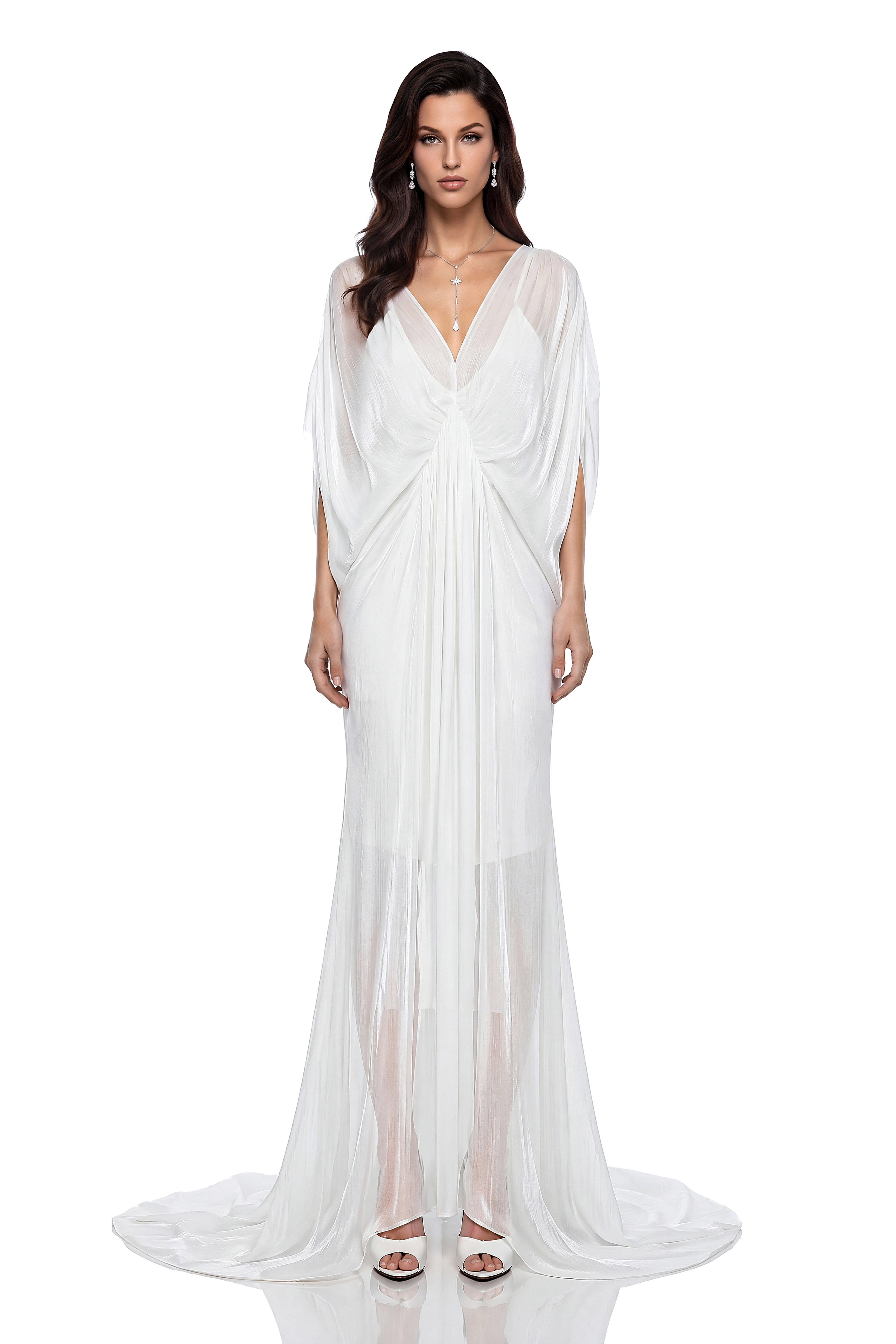 Yseult White Backless Tulle Ruched Maxi Dress