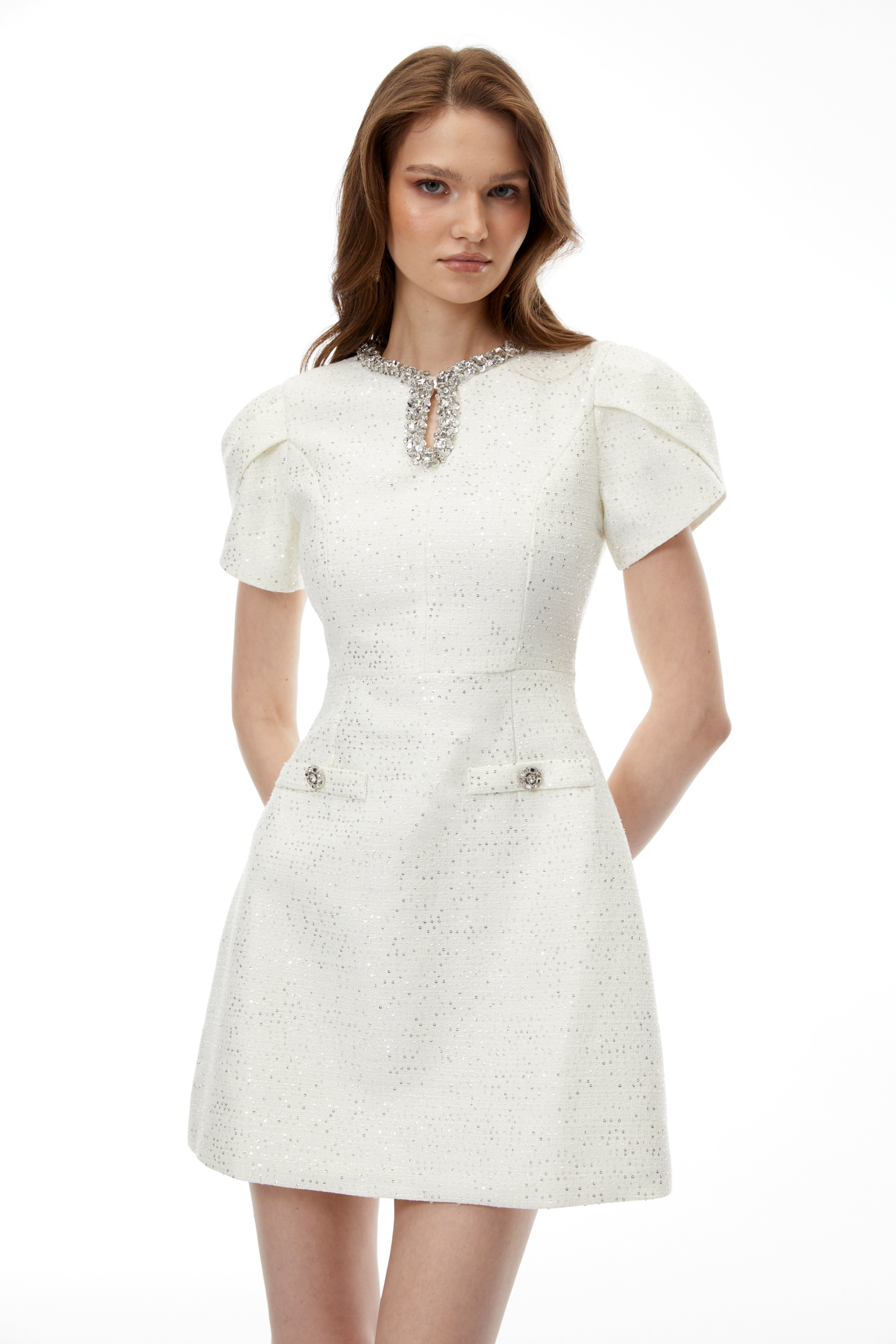 Ysolde Ivory Rhinestone Mini Dress