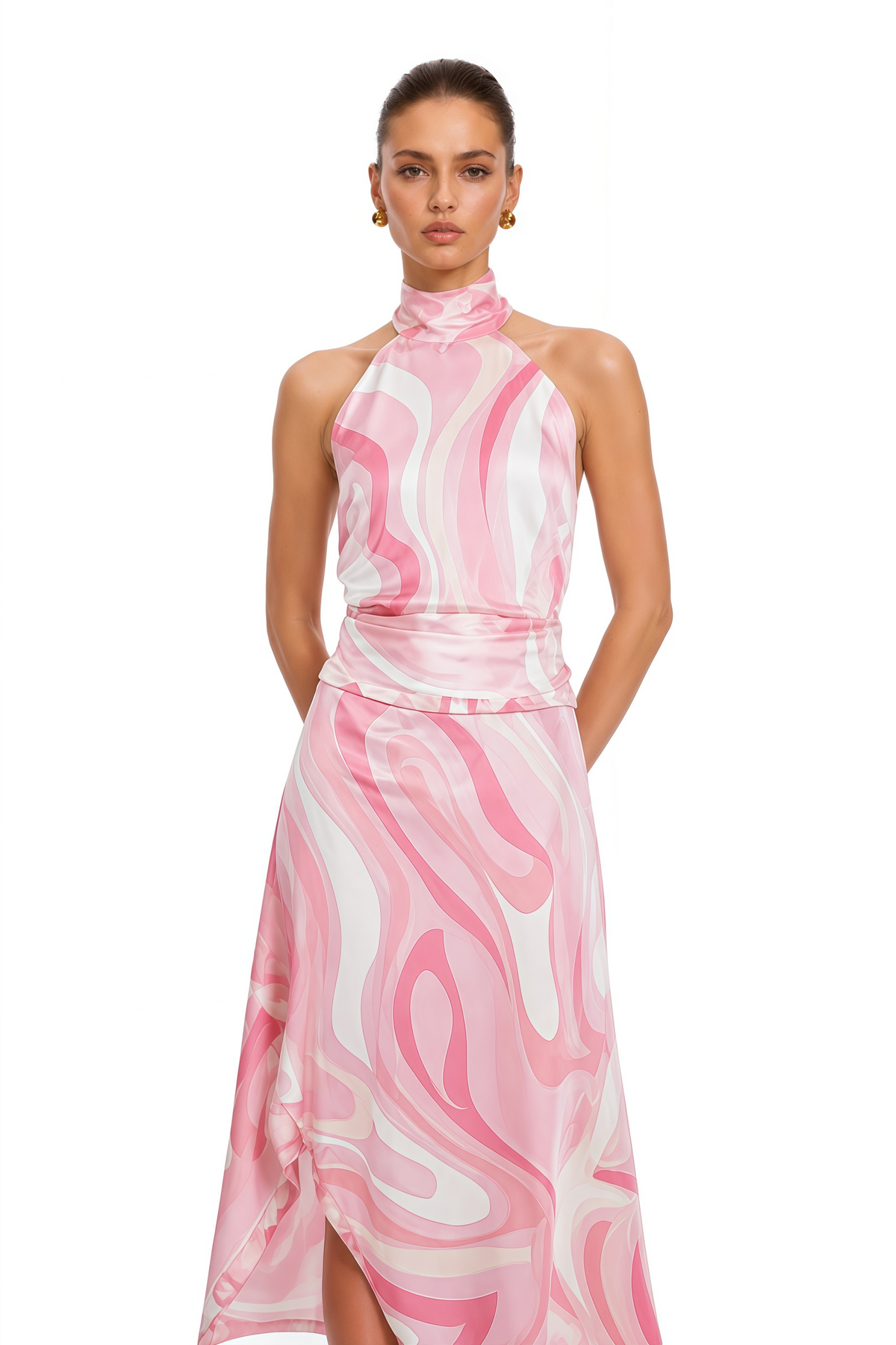 yvette pink abstract print halterneck crop top & skirt set