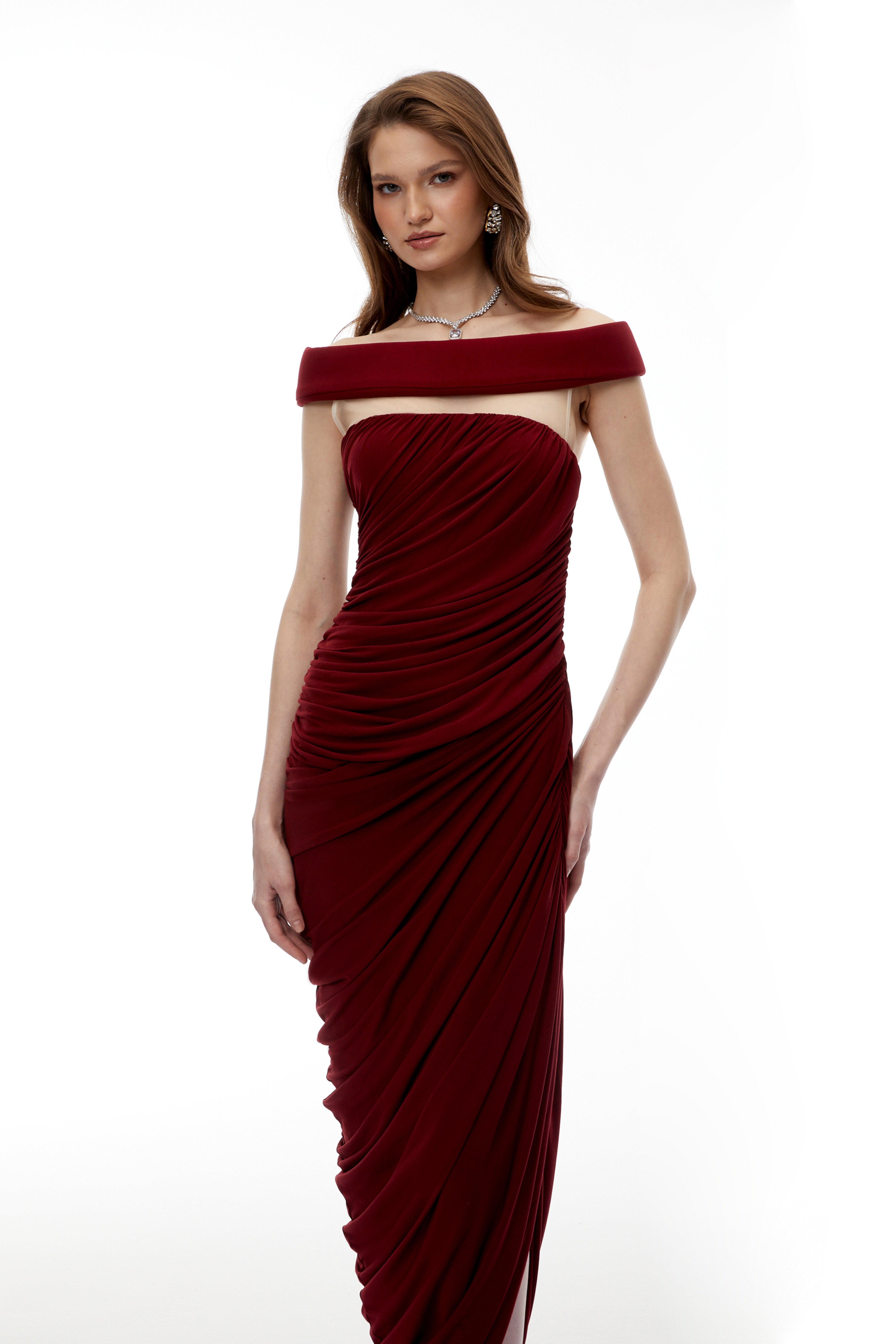 Zakiya Red Off Shoulder Ruched Maxi Dress