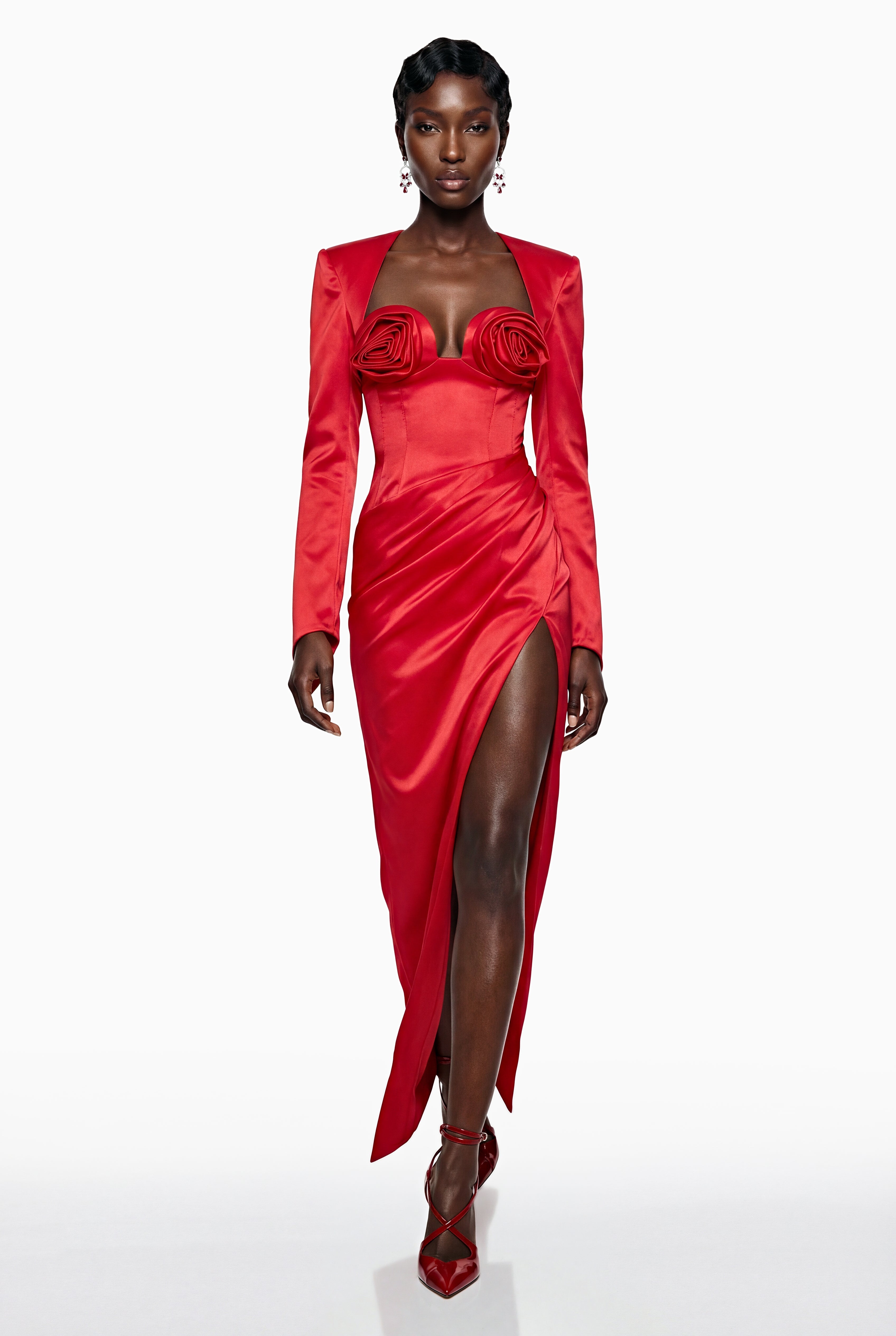 Zanele Red Ruched Maxi Dress with 3D Petals
