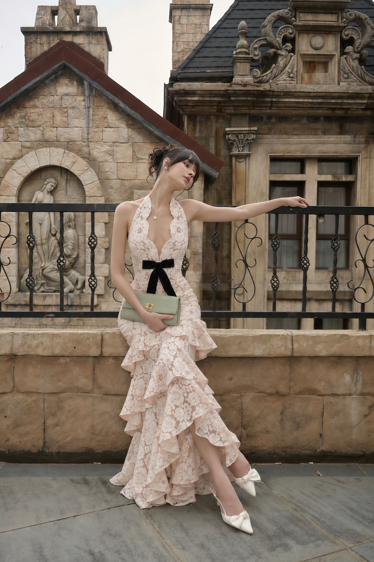 zehra beige halterneck tiered lace maxi dress with bow detail