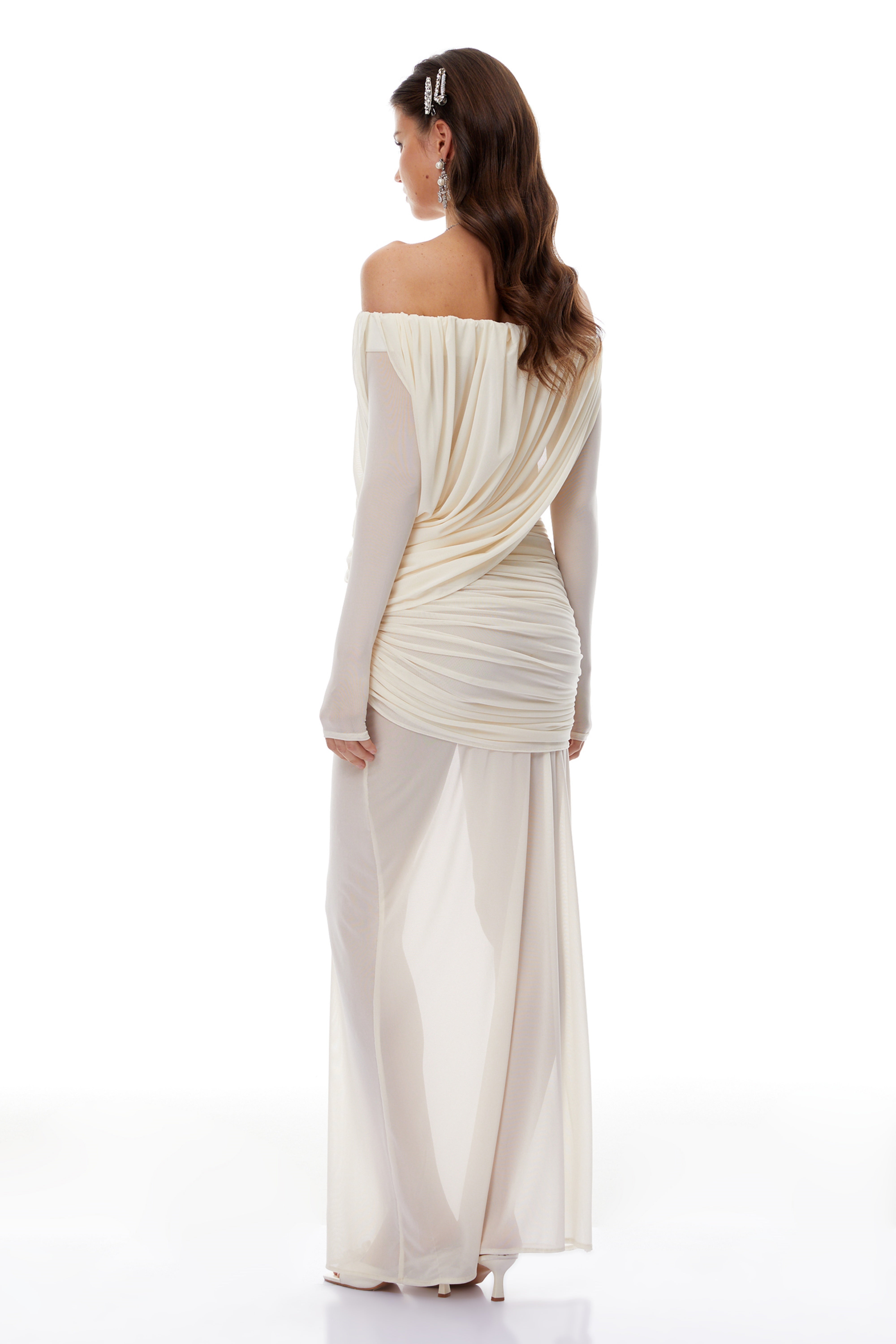 Zenobia White Asymmetrical Draped Mesh Maxi Dress (Final Sale-US Only)
