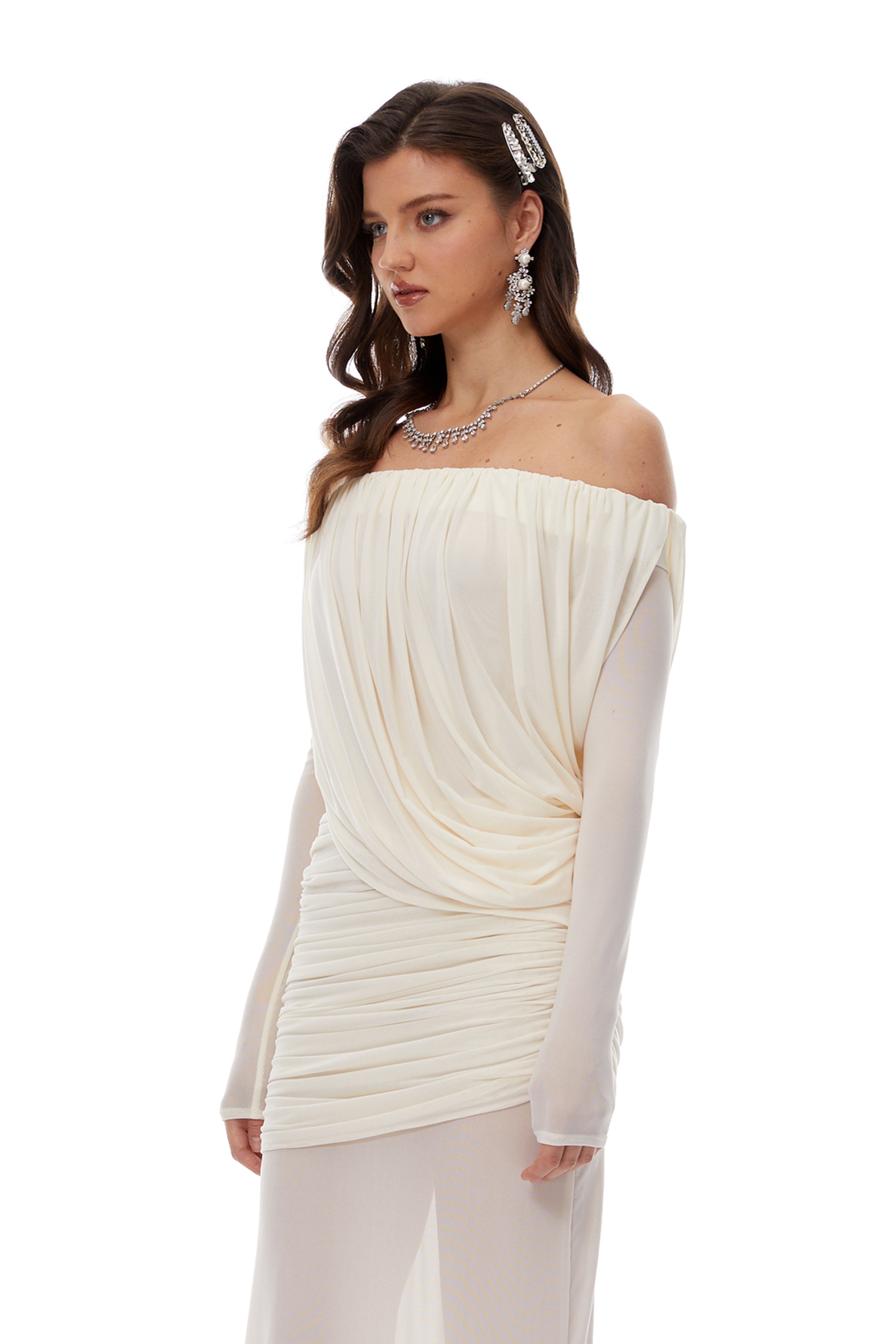 Zenobia White Asymmetrical Draped Mesh Maxi Dress (Final Sale-US Only)