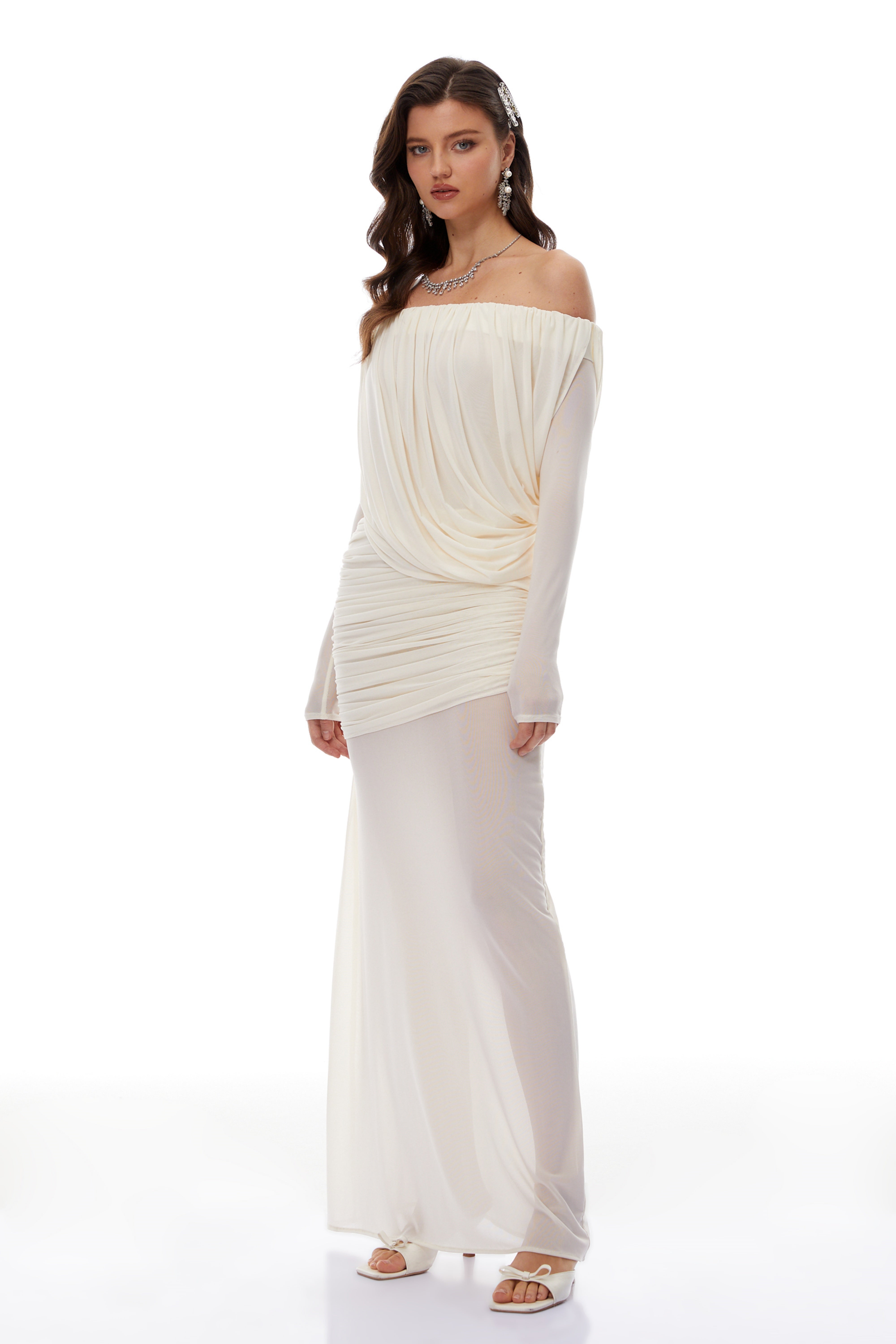 Zenobia White Asymmetrical Draped Mesh Maxi Dress (Final Sale-US Only)