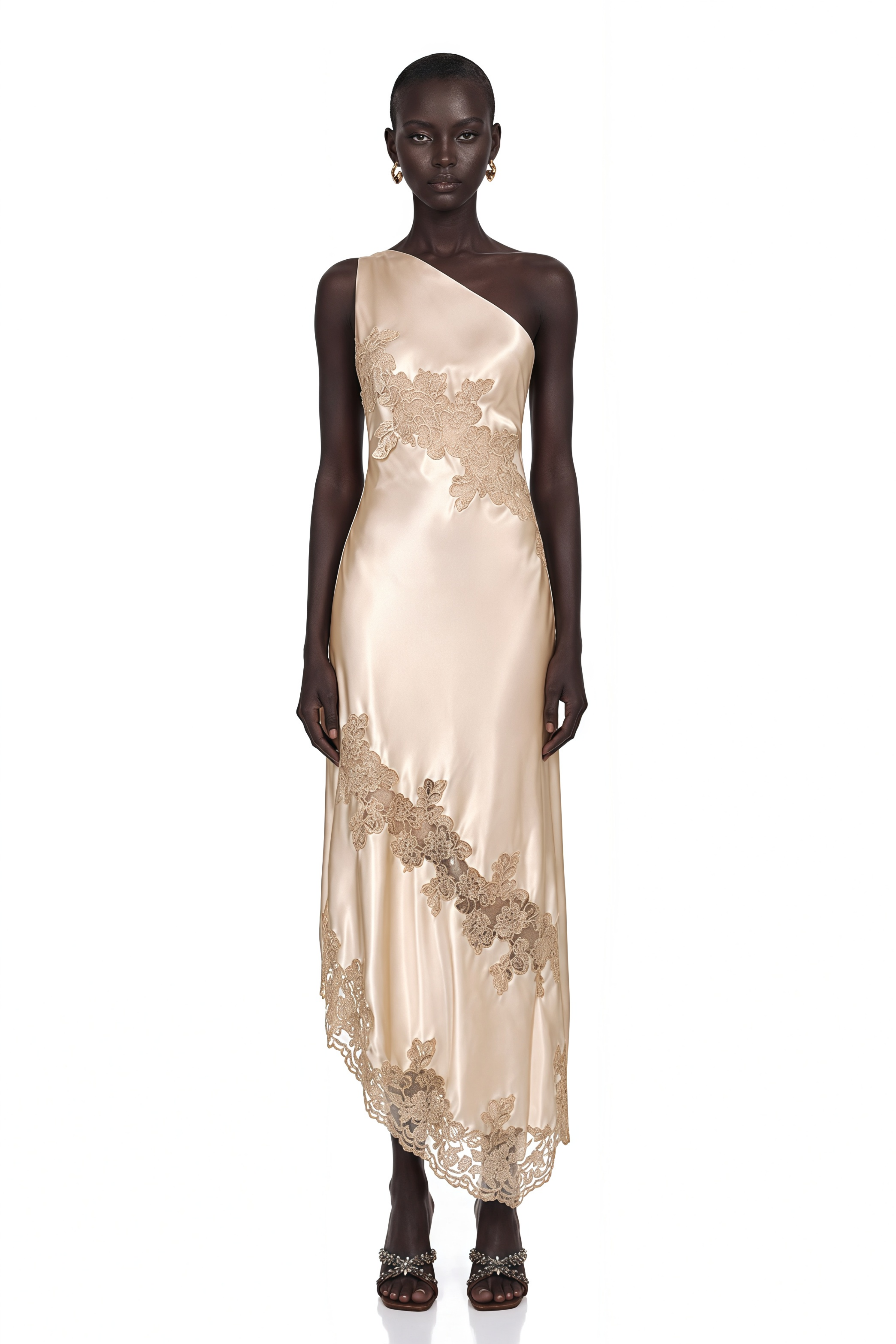 Zeynep Champagne Satin Maxi Dress with Lace Panels