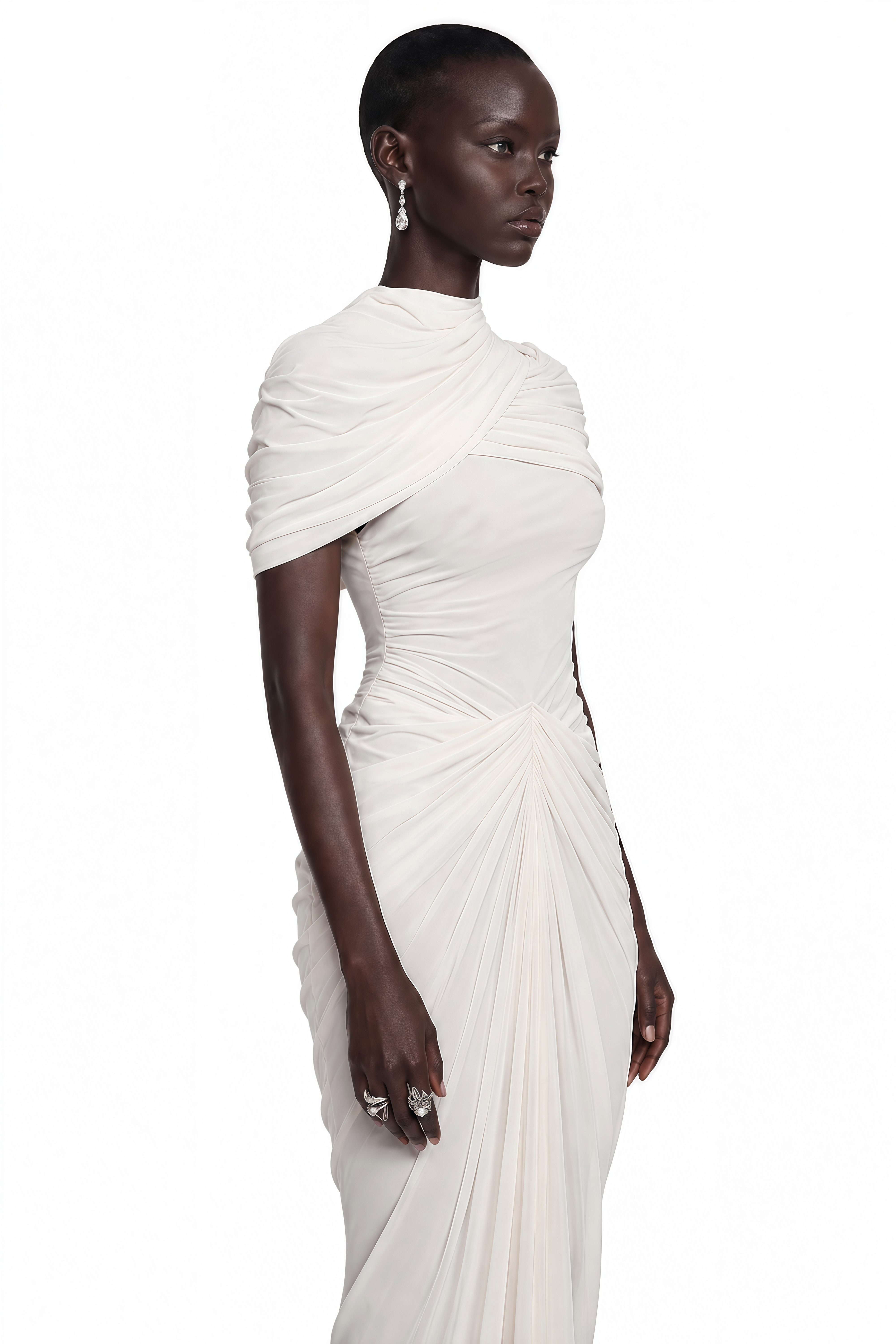 Zeynep White Ruched Maxi Dress with Cape Sleeves