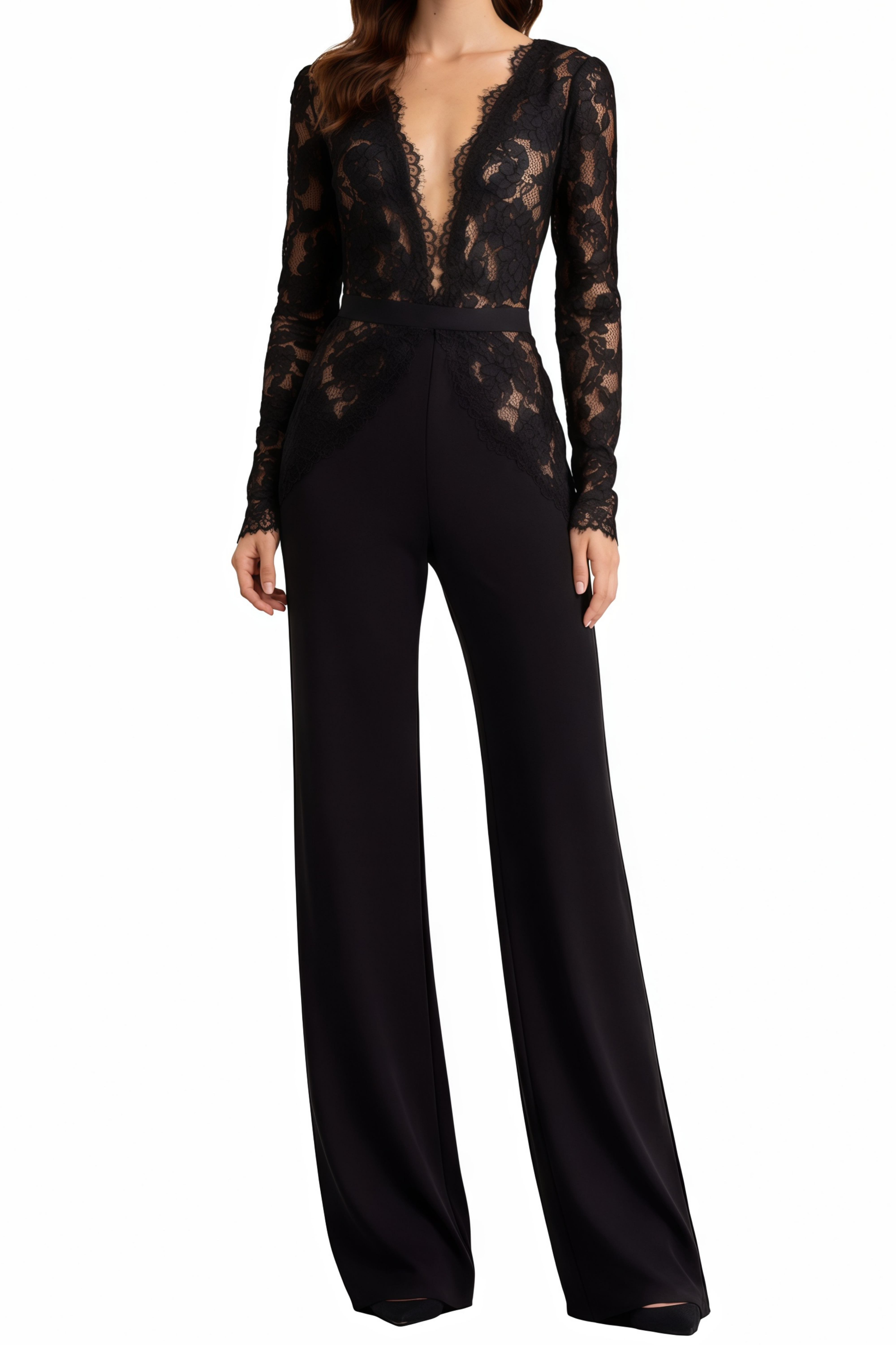 Zhadana Black Semi-Sheer Lace Panel Jumpsuit