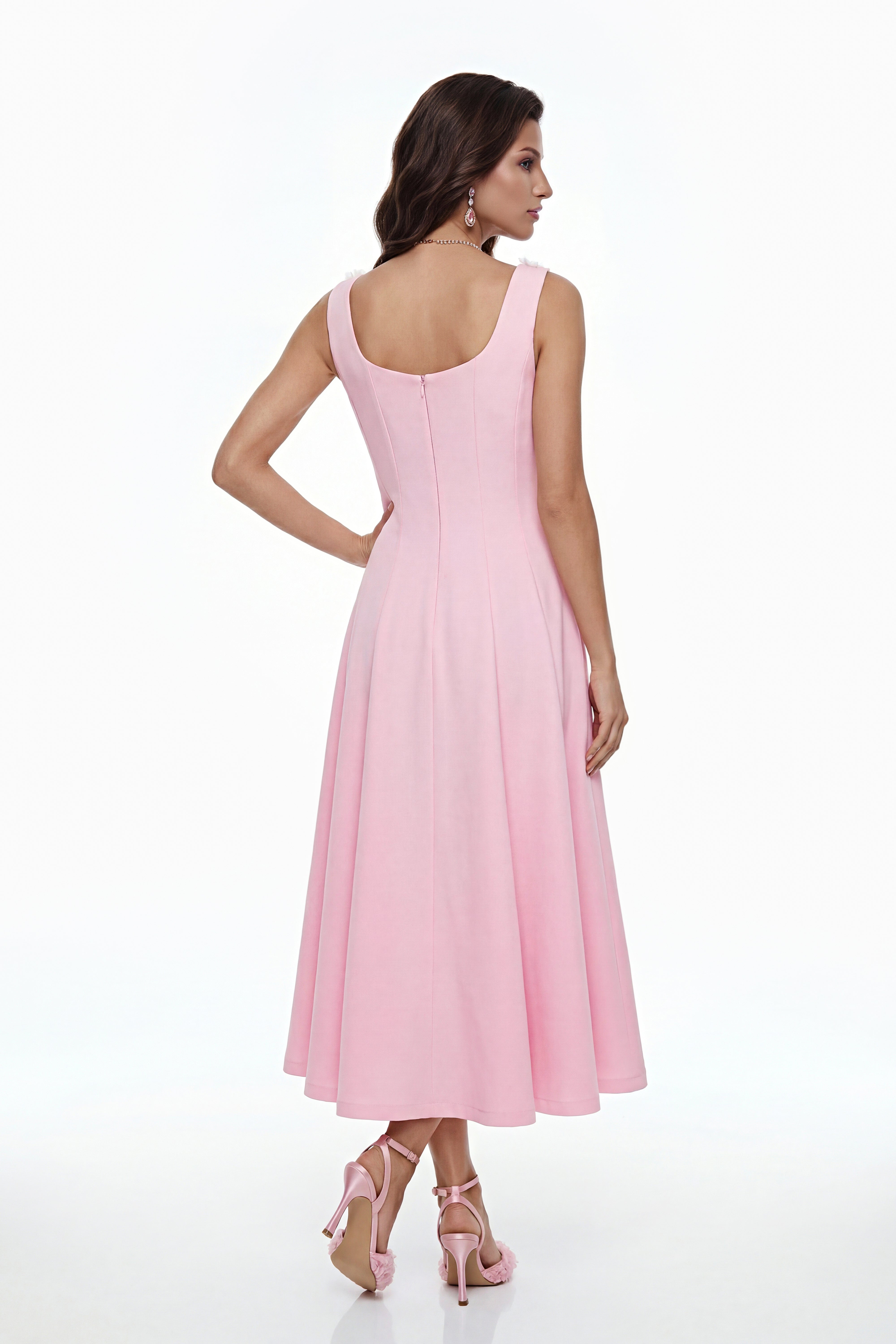 Zinnia Pink Pleated Midi Dress with 3D Petals