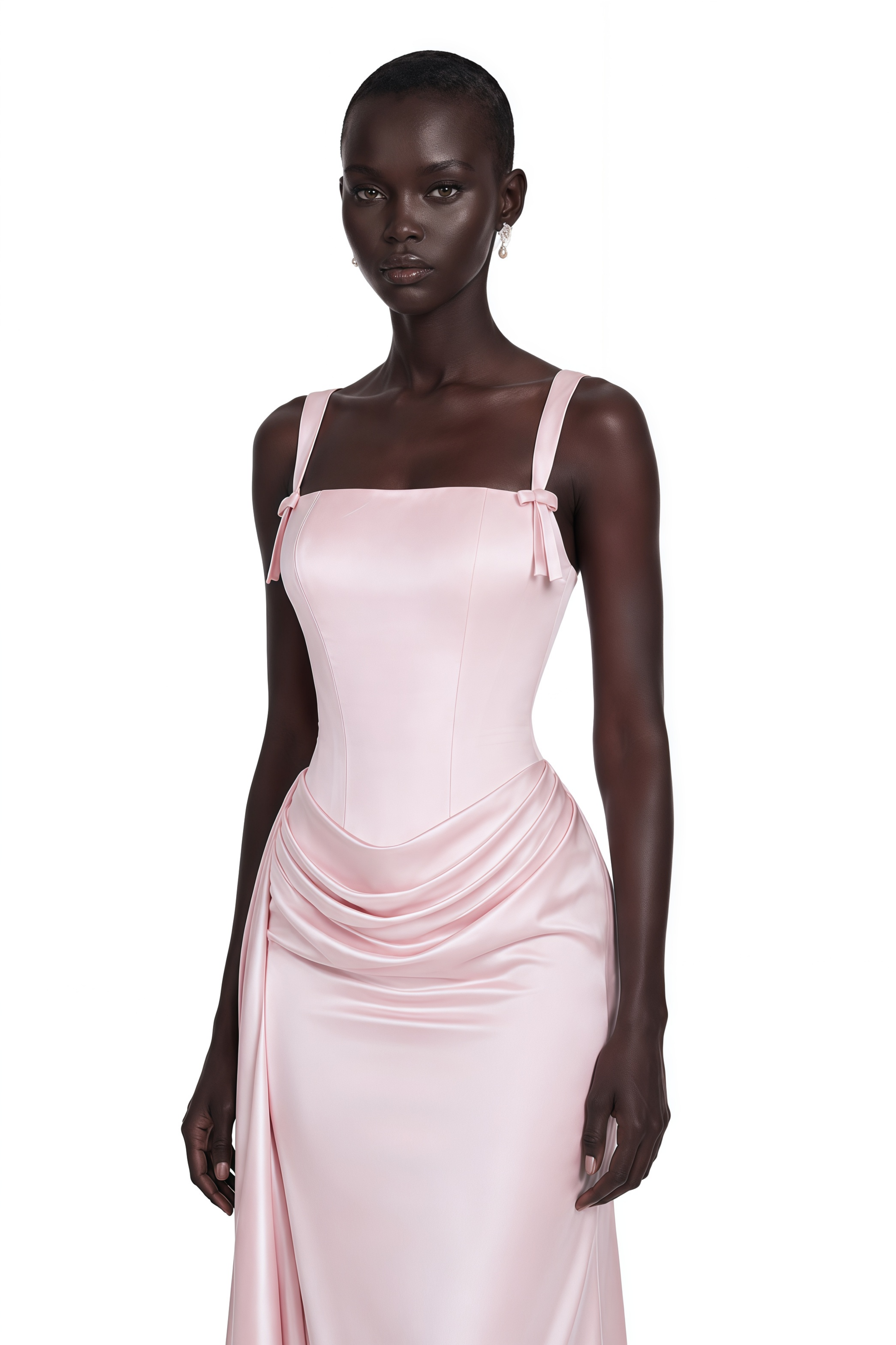 Zinnia Pink Ruched Maxi Dress with Bow Straps