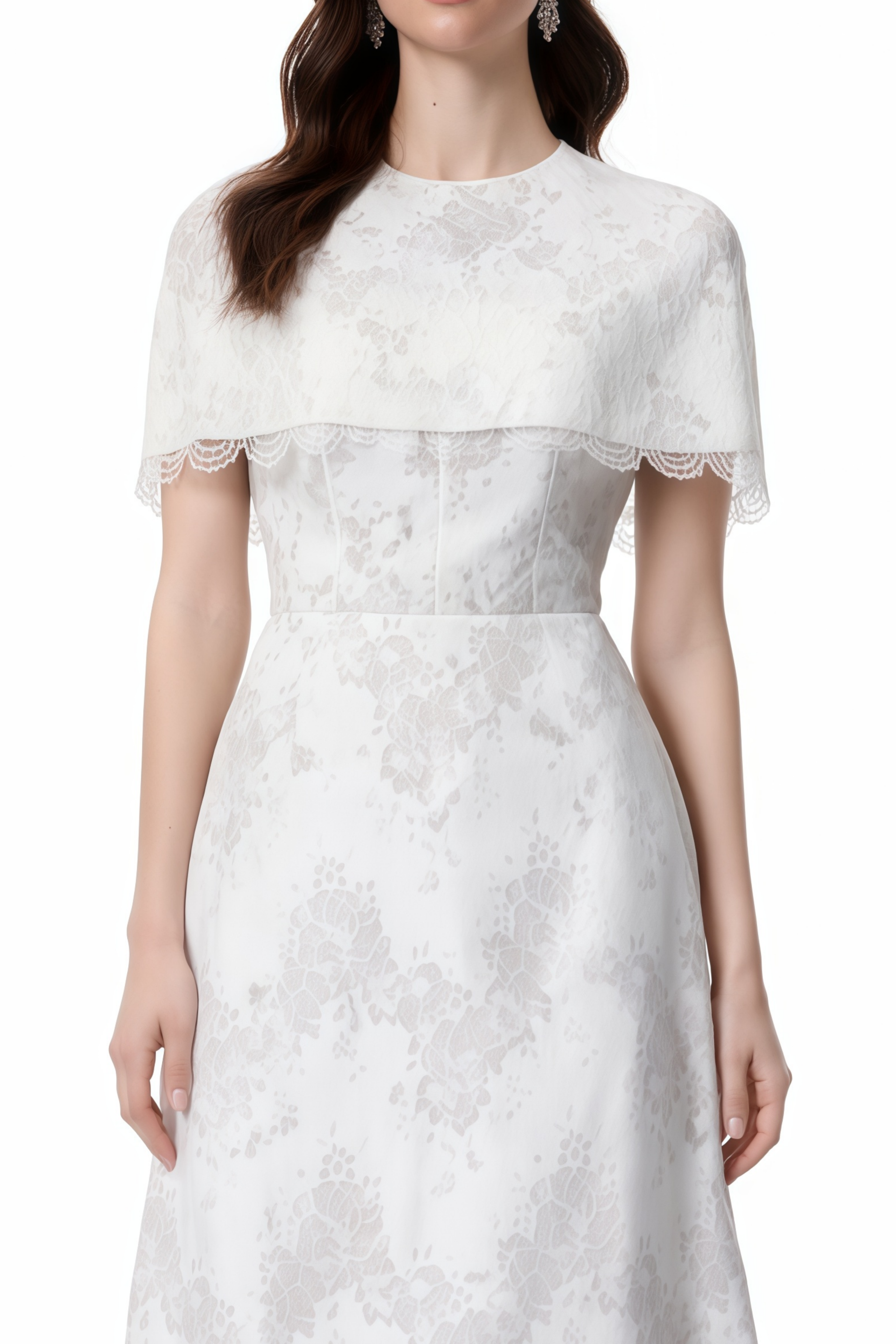 Zohar White Floral Lace Midi Dress with Cape