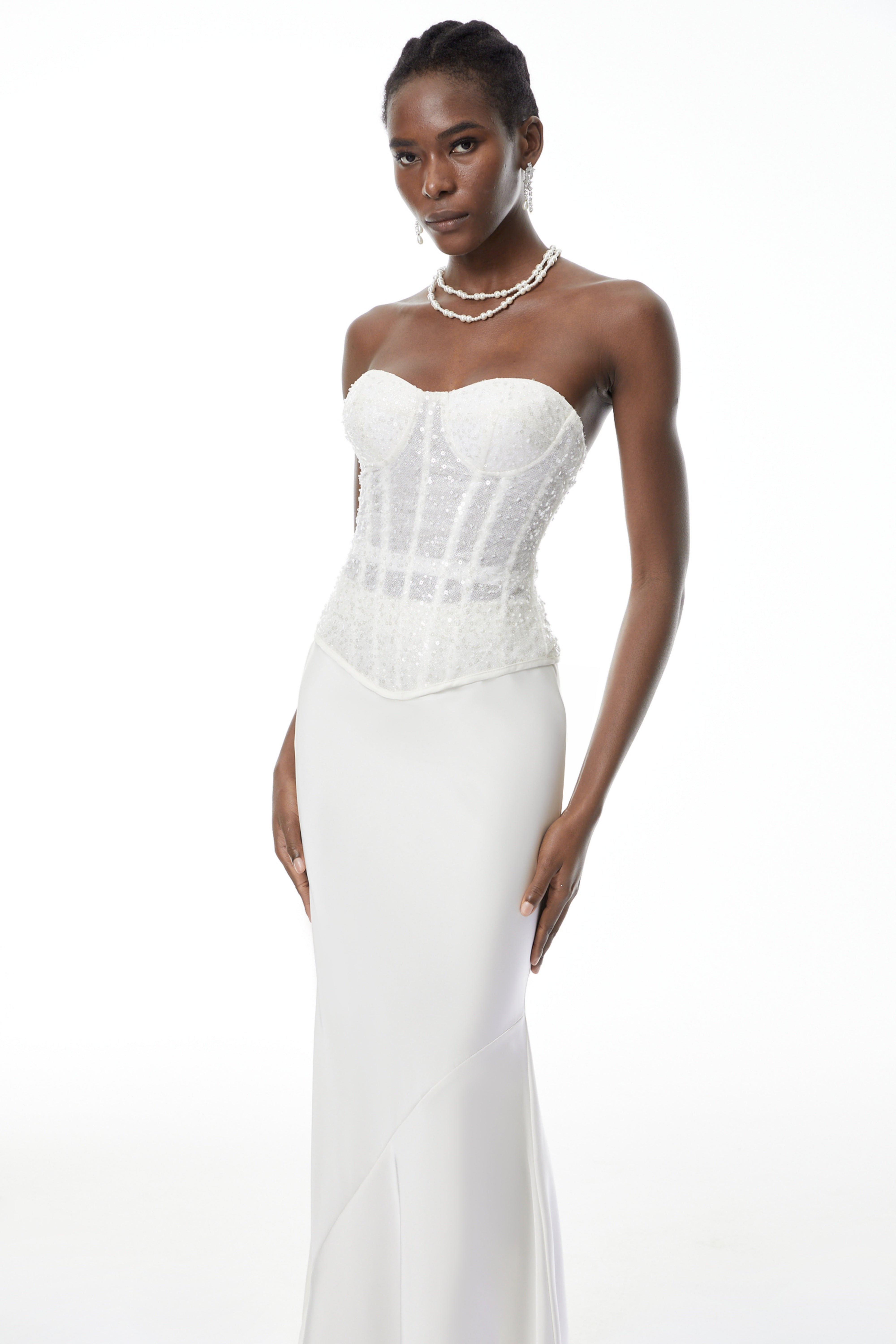 Zora White Sequin Corset Top & Satin Skirt Set