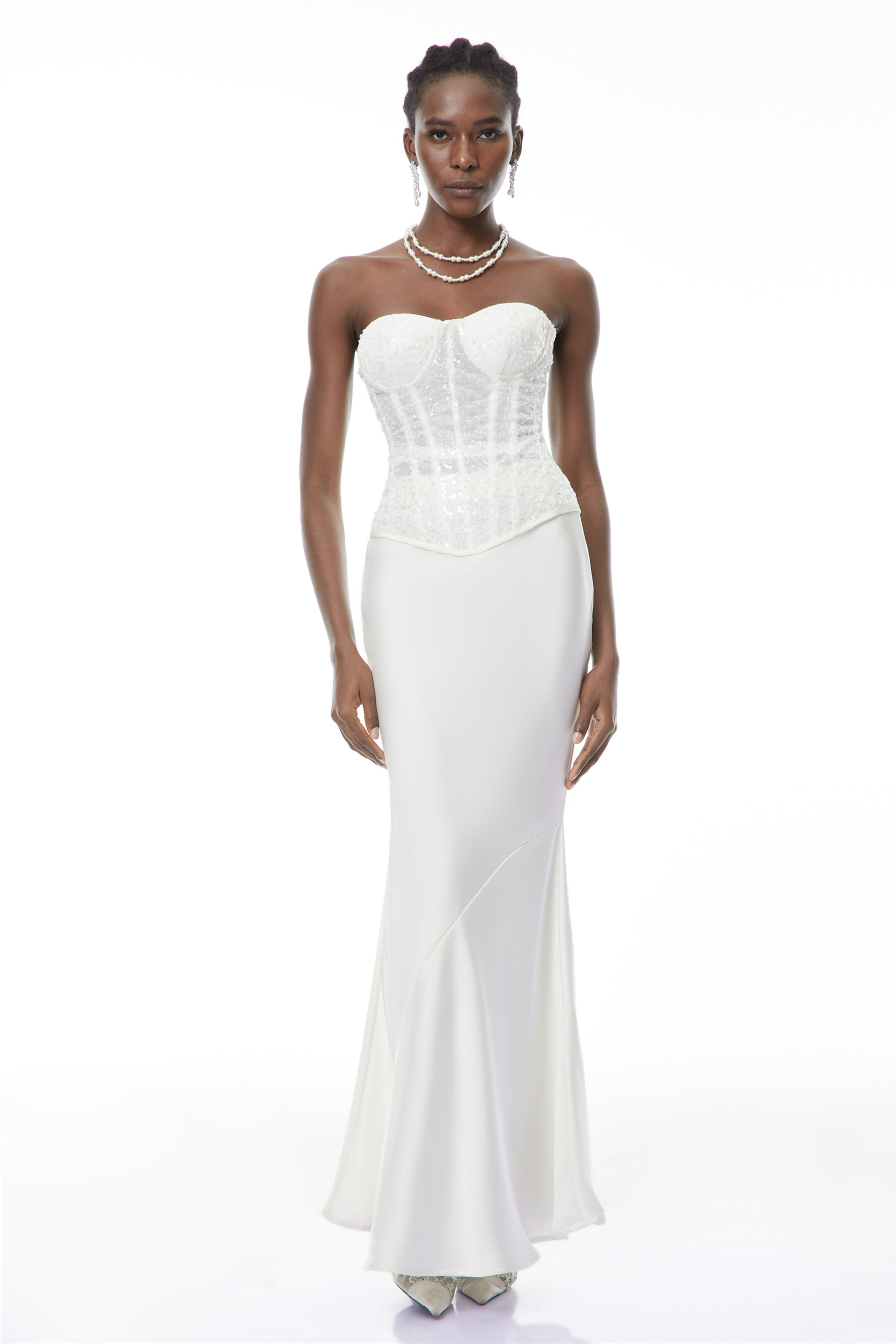 Zora White Sequin Corset Top & Satin Skirt Set (Final Sale)