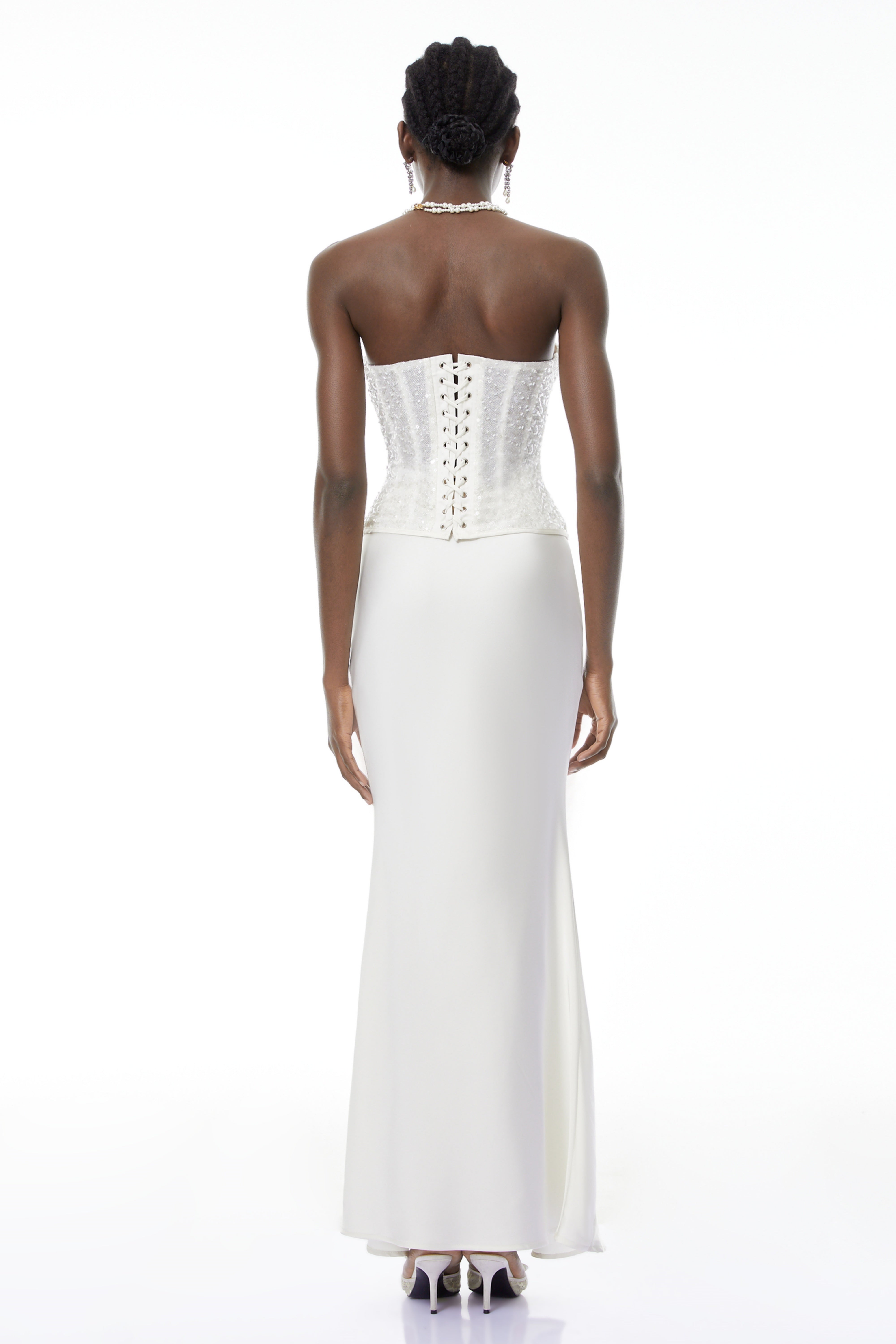 Zora White Sequin Corset Top & Satin Skirt Set (Final Sale)