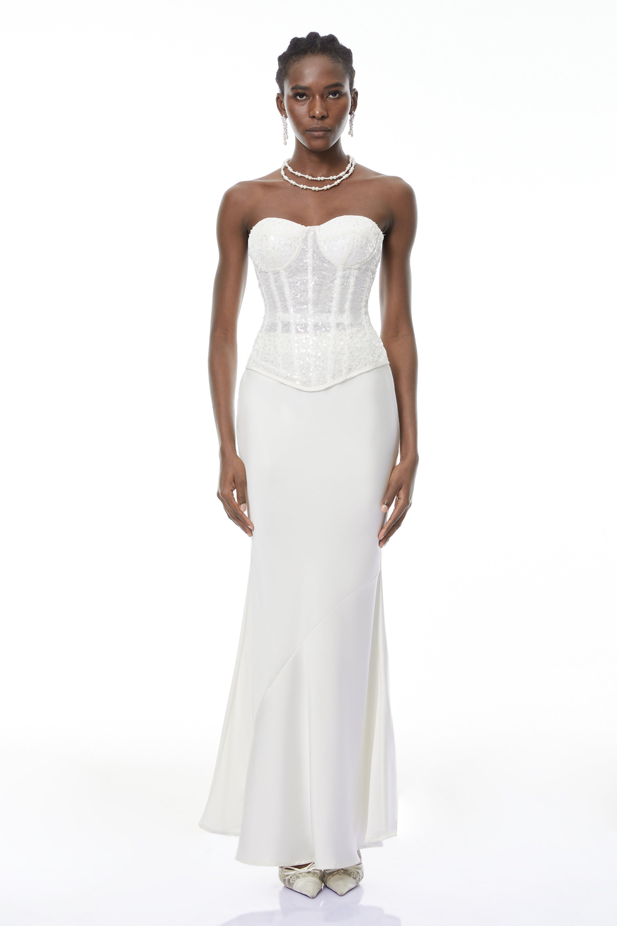 Zora White Sequin Corset Top & Satin Skirt Set (Final Sale)