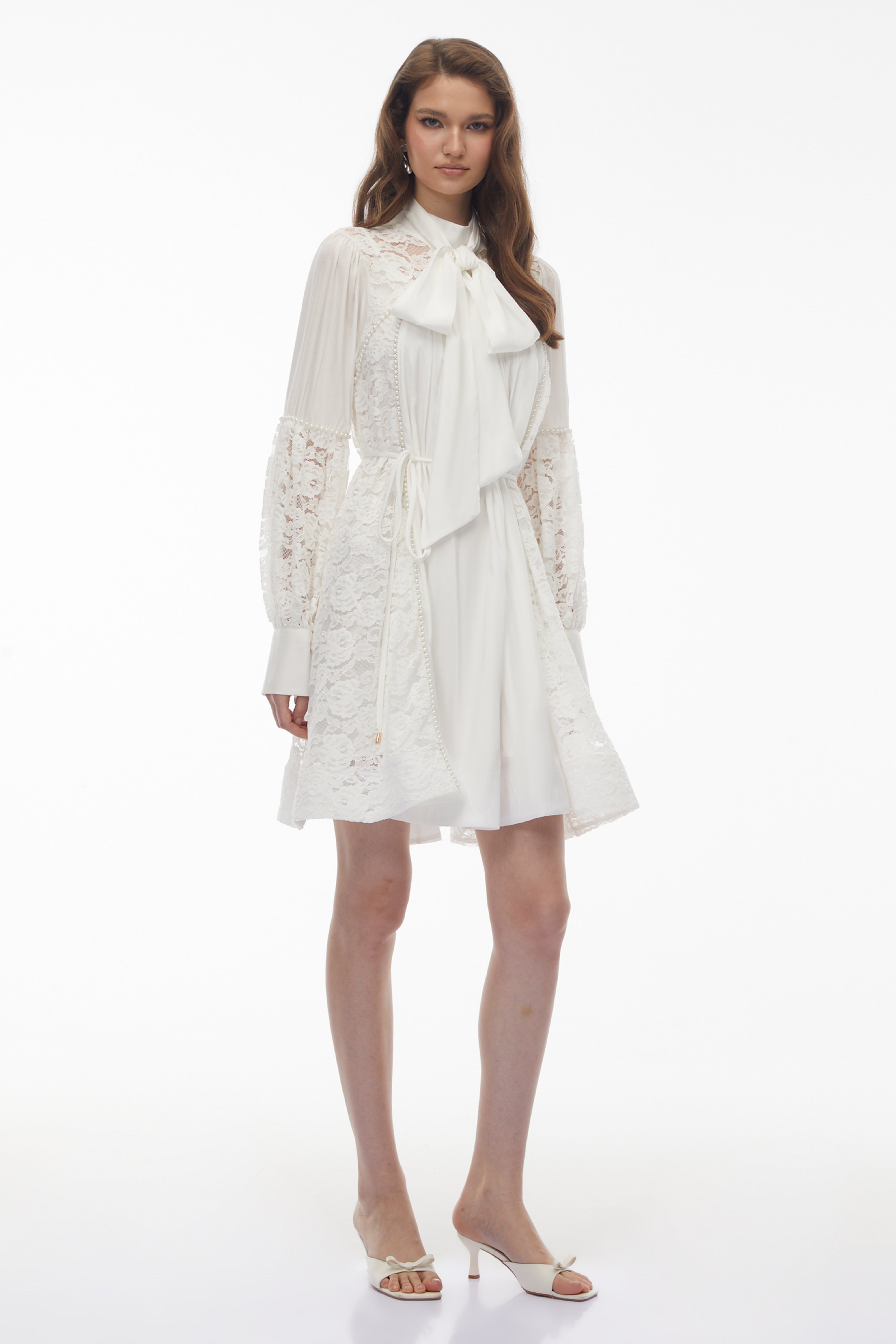 Zosime White Mini Dress with Floral Lace Panels