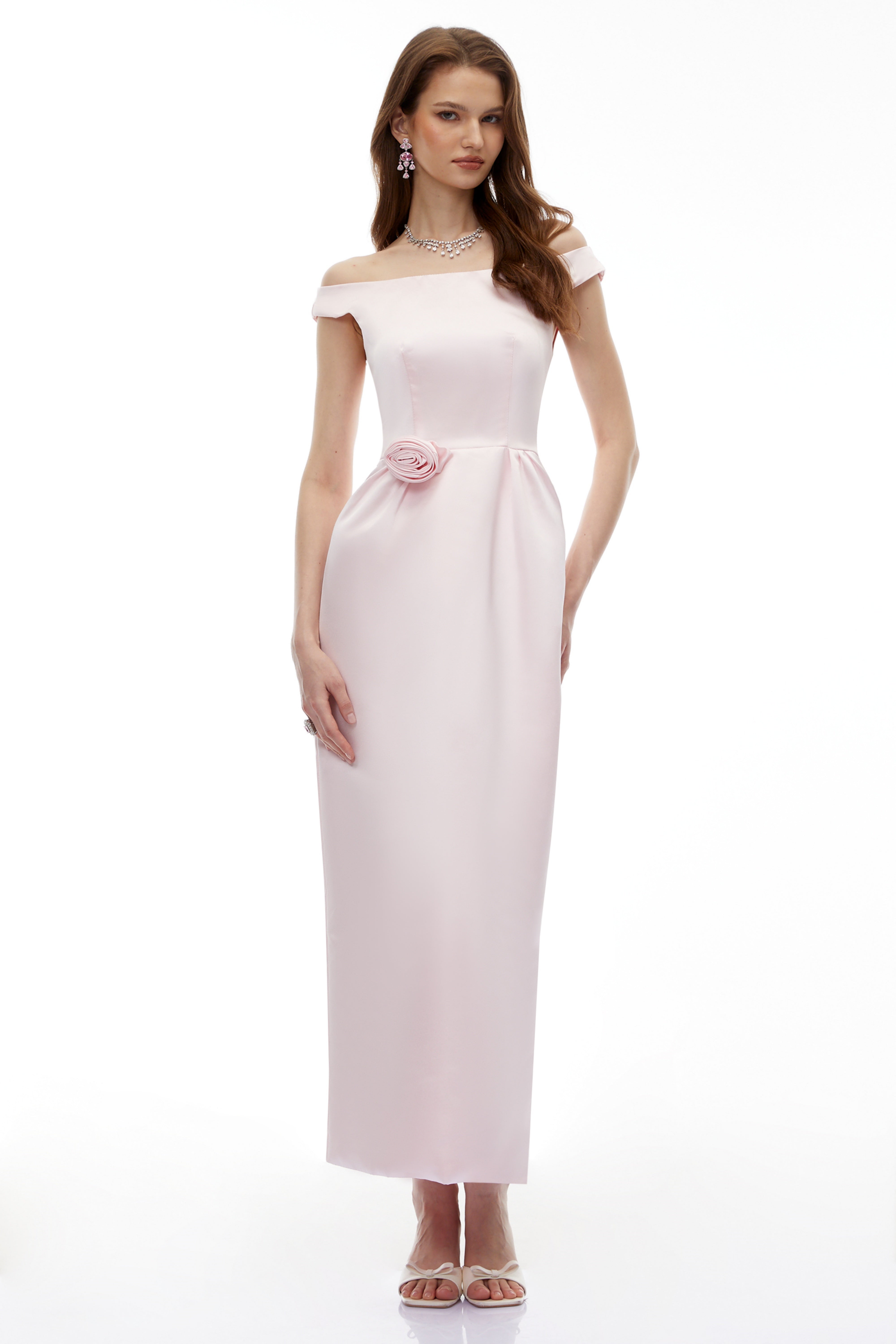Zubayda Pink Off Shoulder Maxi Dress with 3D Petals