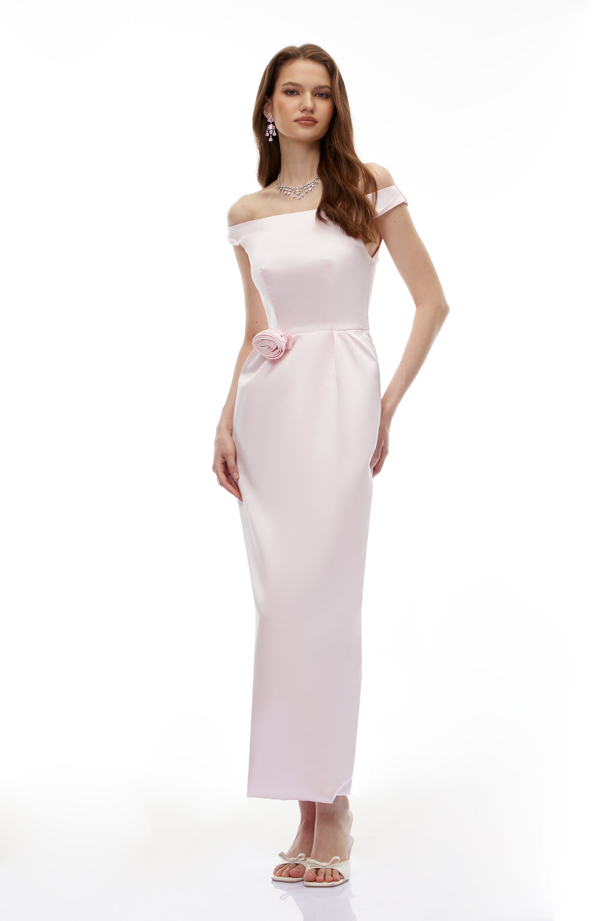 Zubayda Pink Off Shoulder Maxi Dress with 3D Petals
