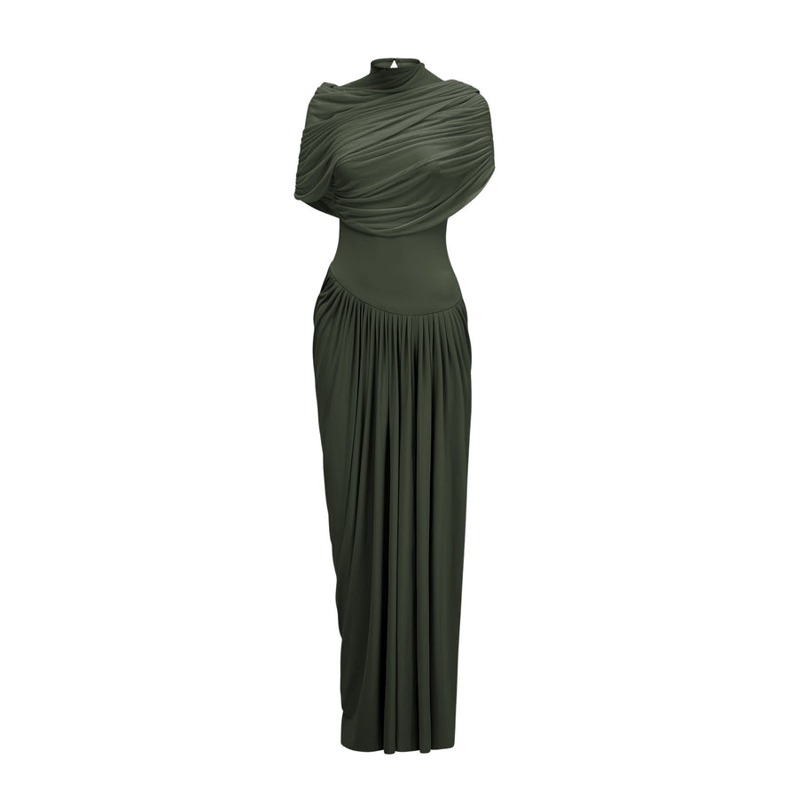 Catherine asymmetric pleated maxi dress in Green