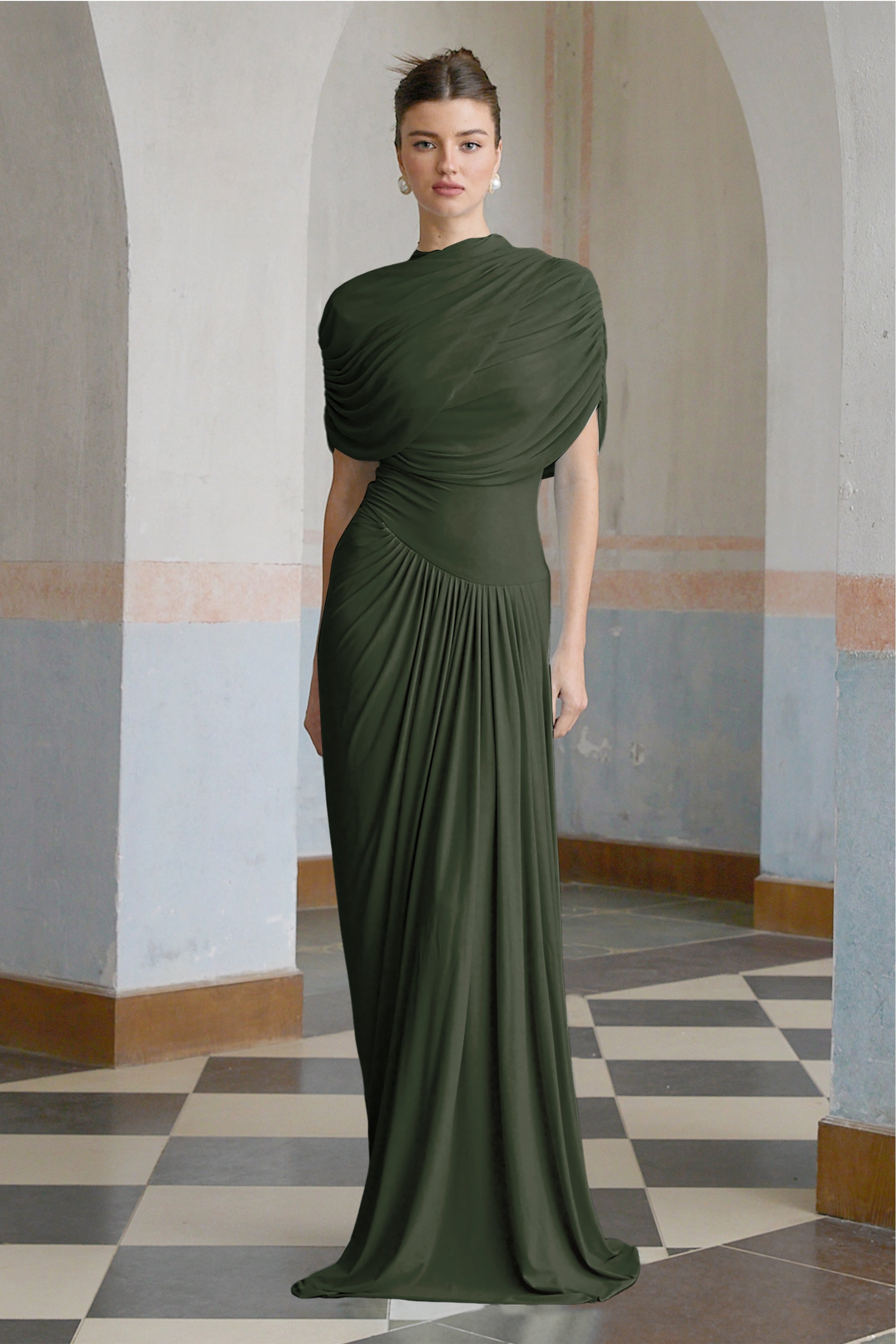 Catherine asymmetrical pleated maxi dress in Green (Final Sale-US Only)