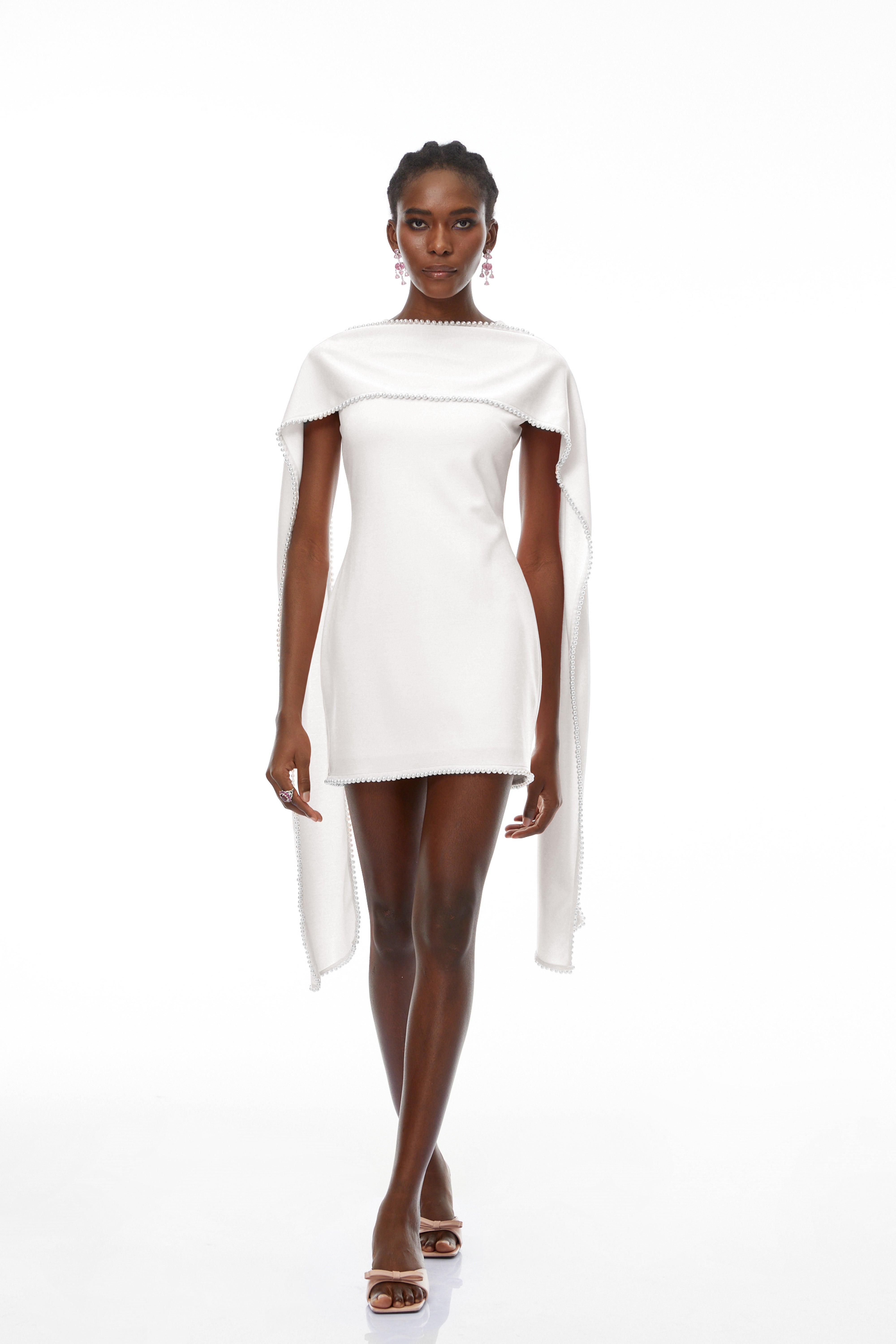 Piroska White Sleeveless Pearl Trim Mini Dress (Final Sale-US Only)