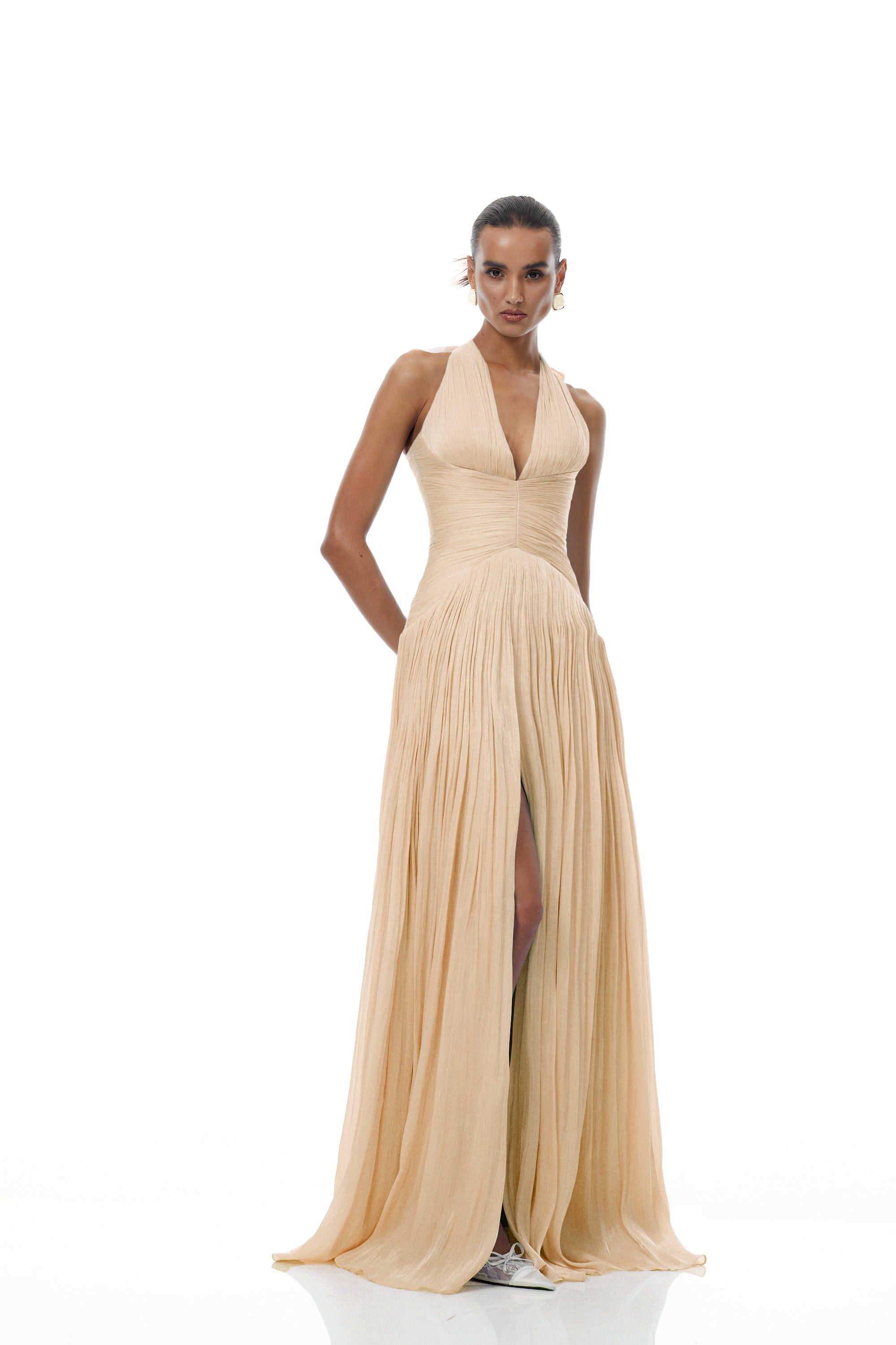 Térébenthine Neutral Glossy Gathered Maxi Dress