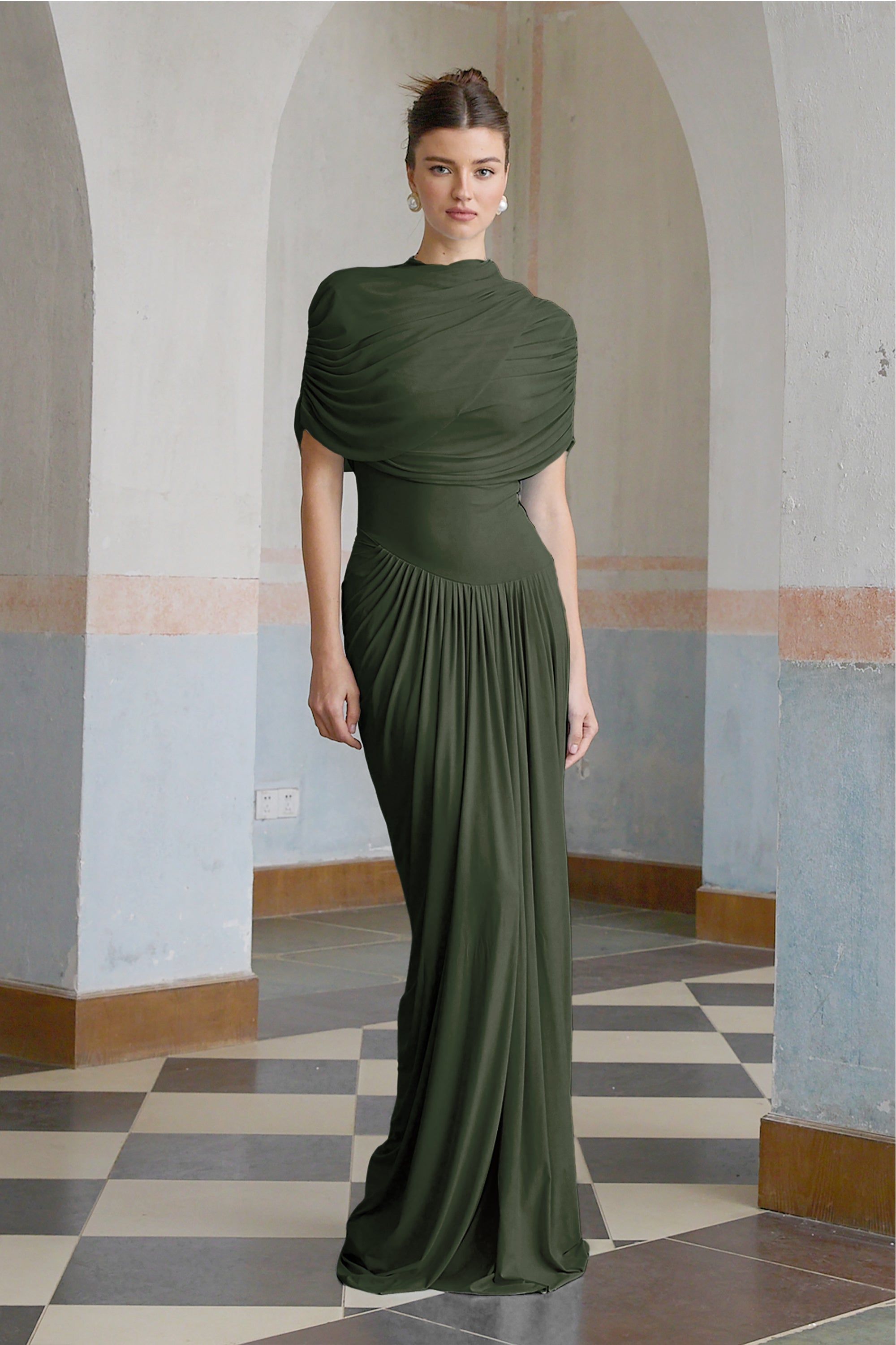 Catherine asymmetrical pleated maxi dress in Green (Final Sale-US Only)