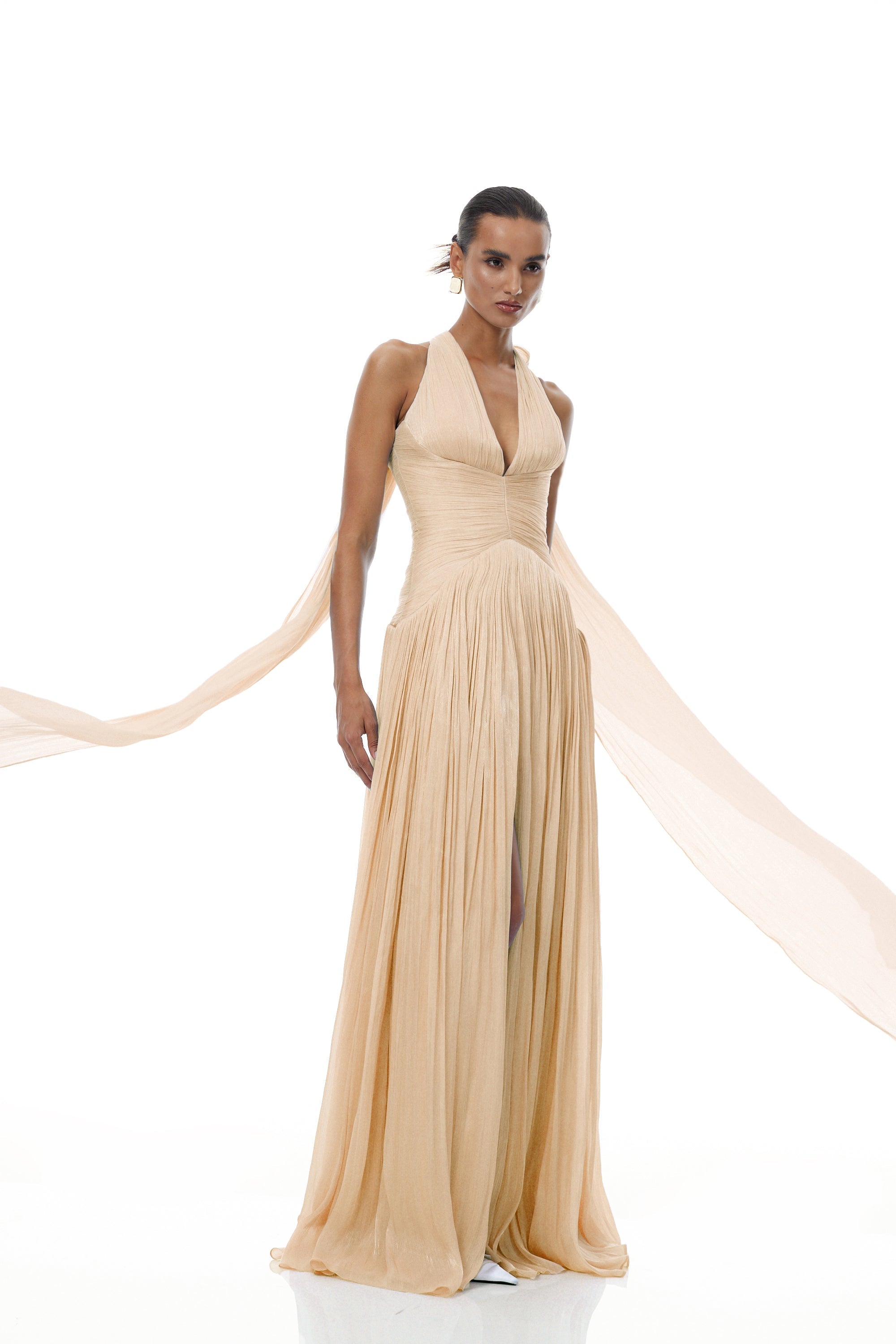 Térébenthine Neutral Glossy Gathered Maxi Dress