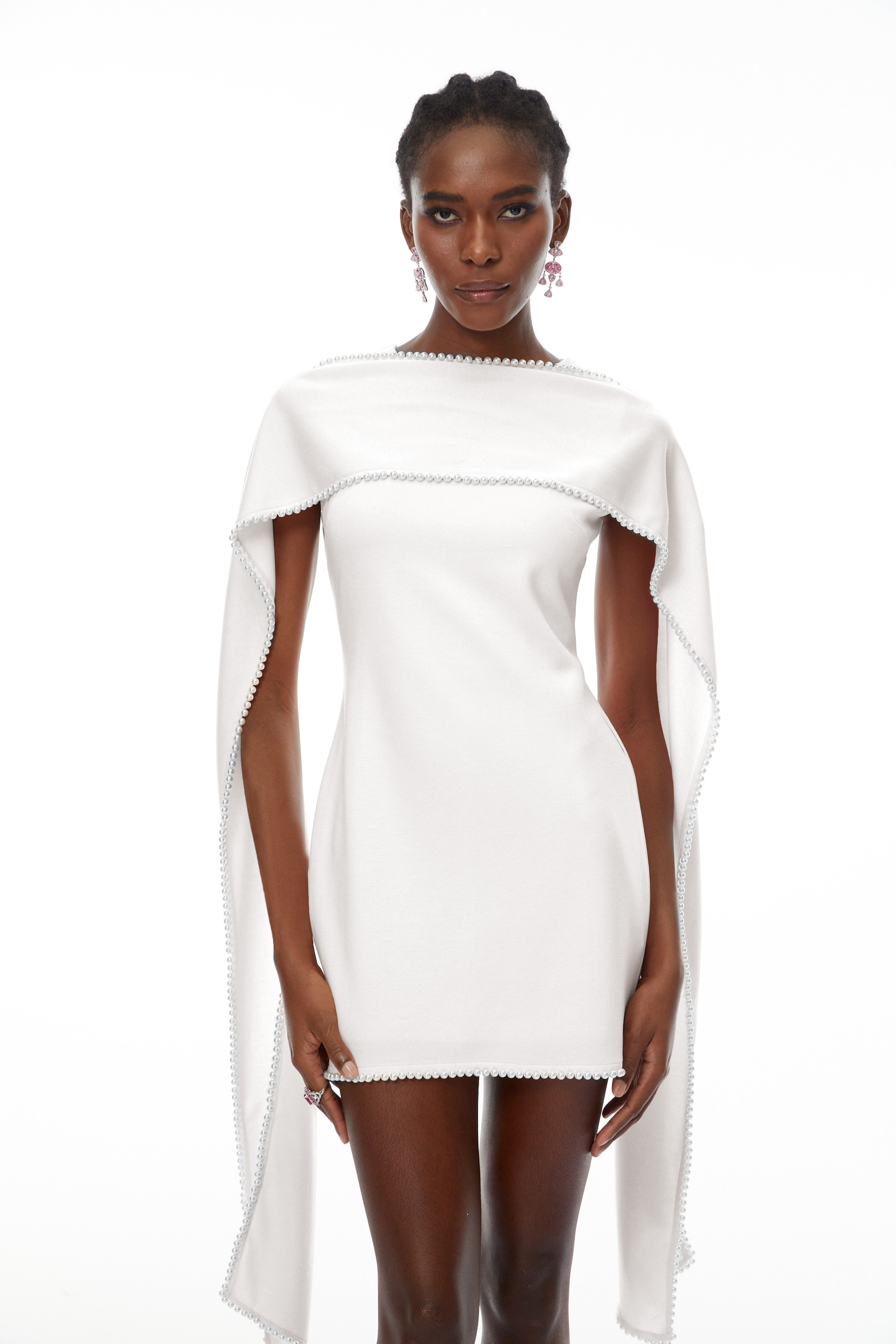 Piroska White Sleeveless Pearl Trim Mini Dress (Final Sale-US Only)