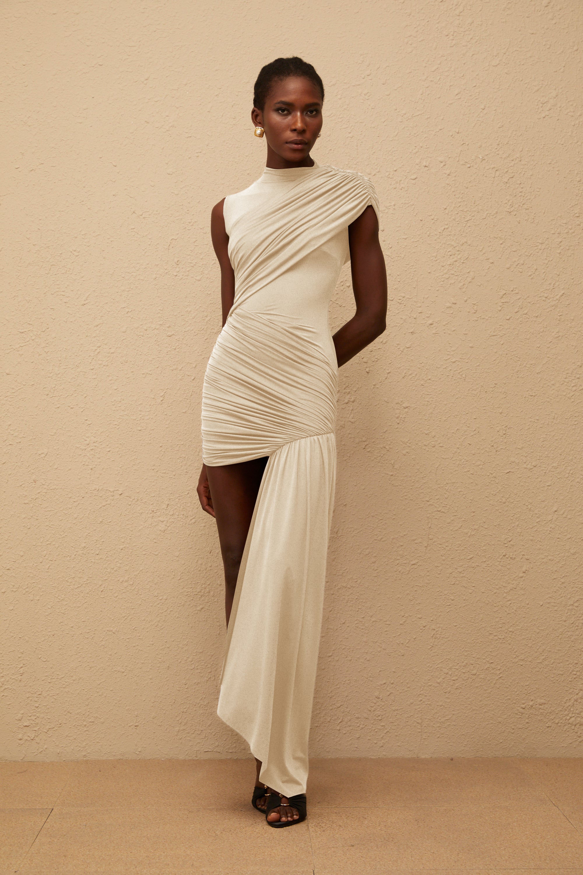 Fée Neutral Asymmetrical Ruched Mini Dress (Final Sale)