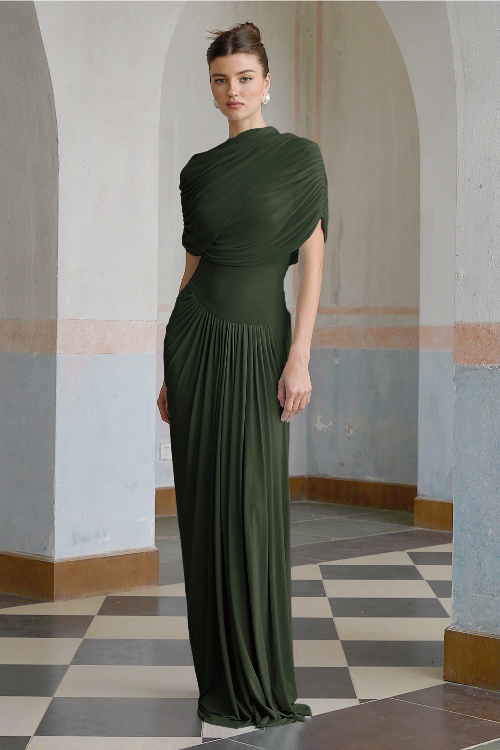 Catherine asymmetrical pleated maxi dress in Green (Final Sale-US Only)