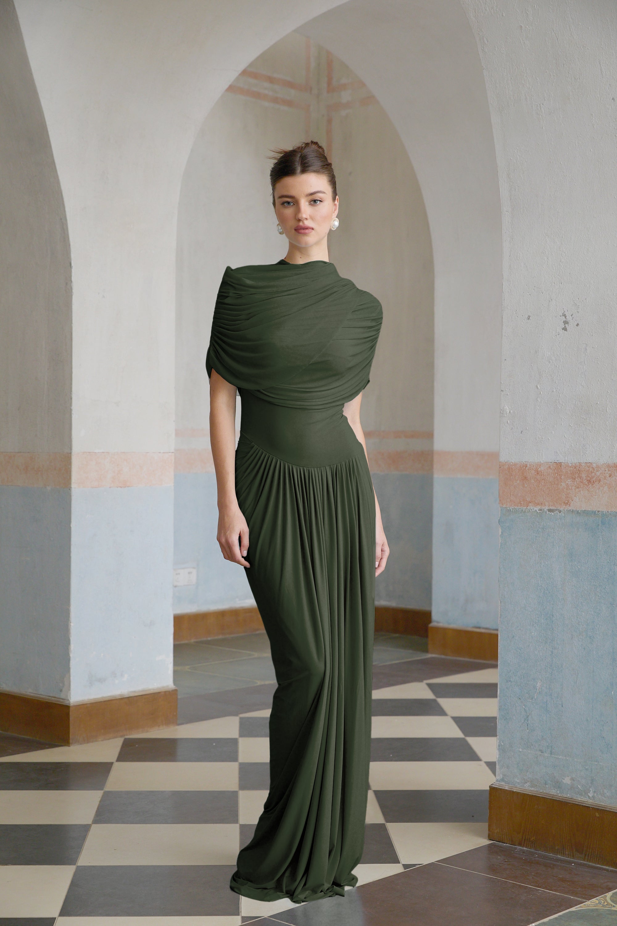 Catherine asymmetrical pleated maxi dress in Green (Final Sale-US Only)