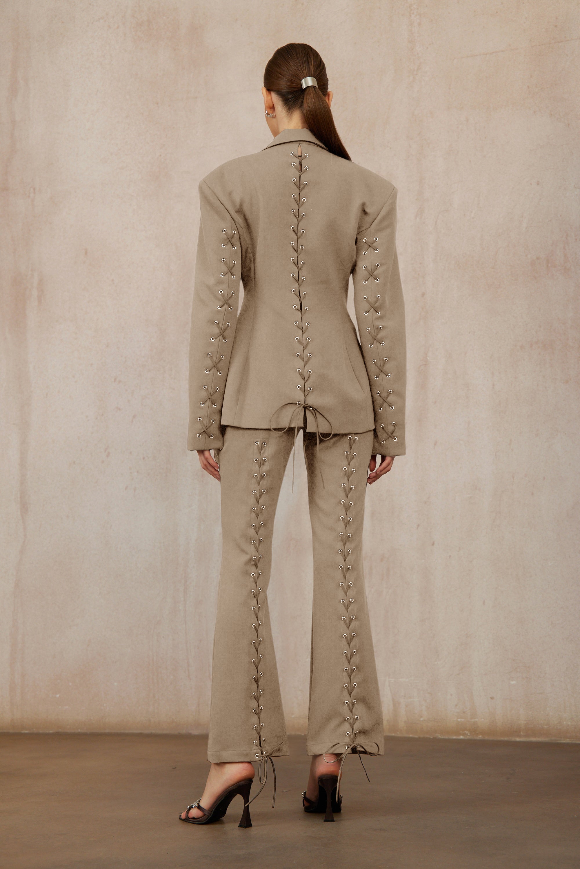 Prunille Khaki Lace-Up Blazer & Trousers Set