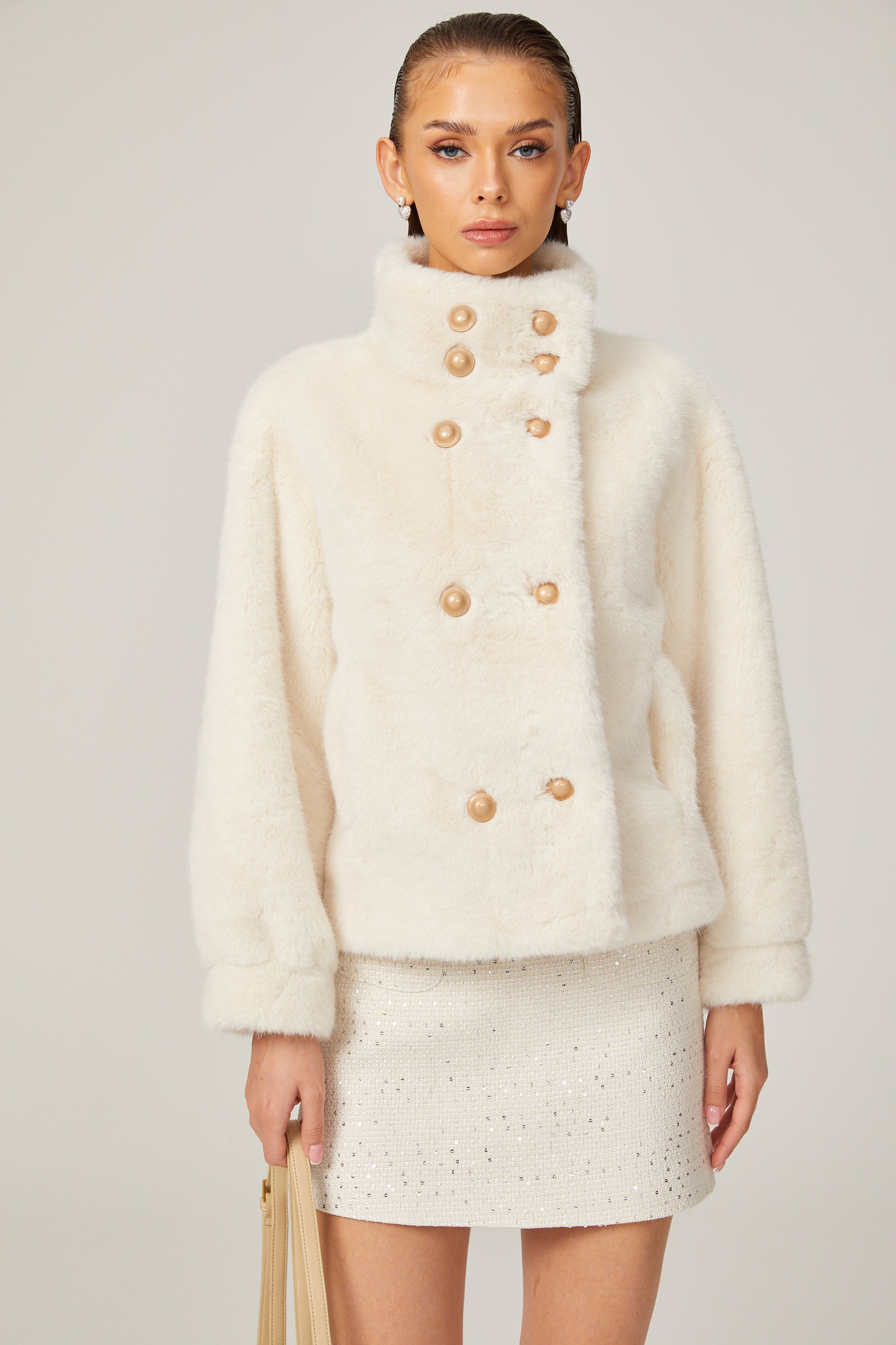 Chantal white faux-fur double-breasted jacket (Final Sale)