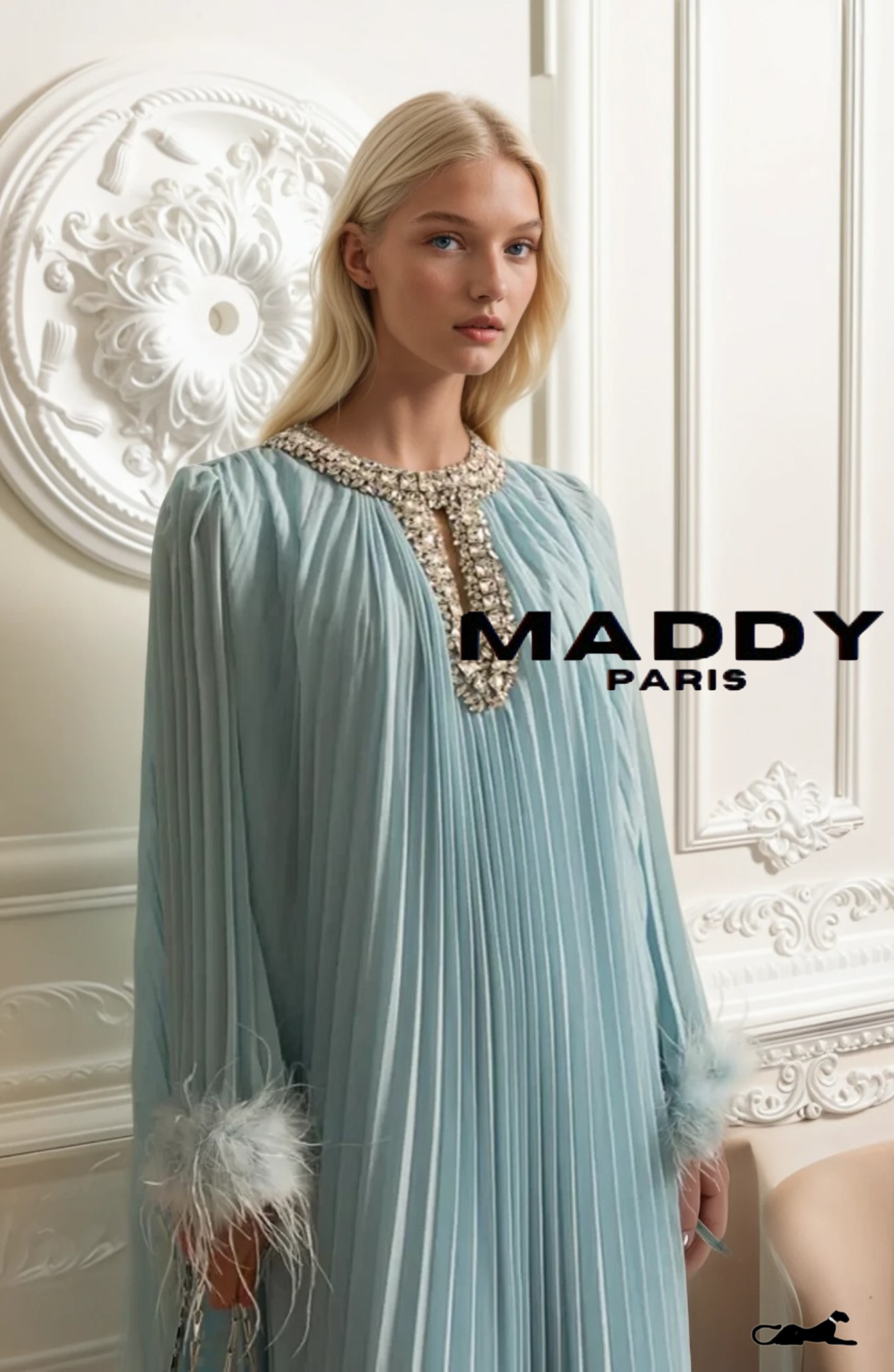 LAMISS Pleated Maxi Dress With Feathered Cuffs And Sparkling Neckline - Blue
