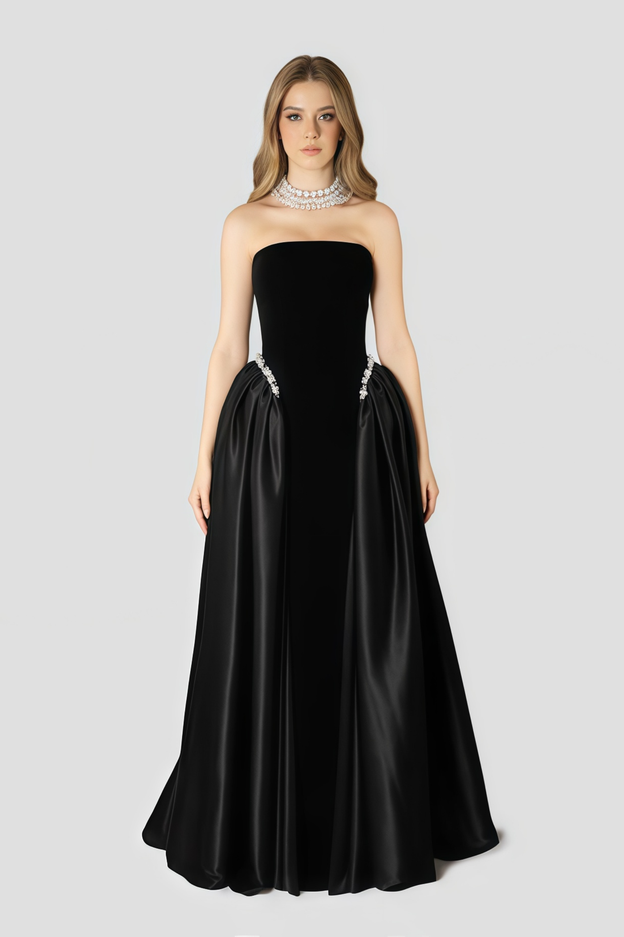 Raffaella Black Pearl Trim Velvet Maxi Gown