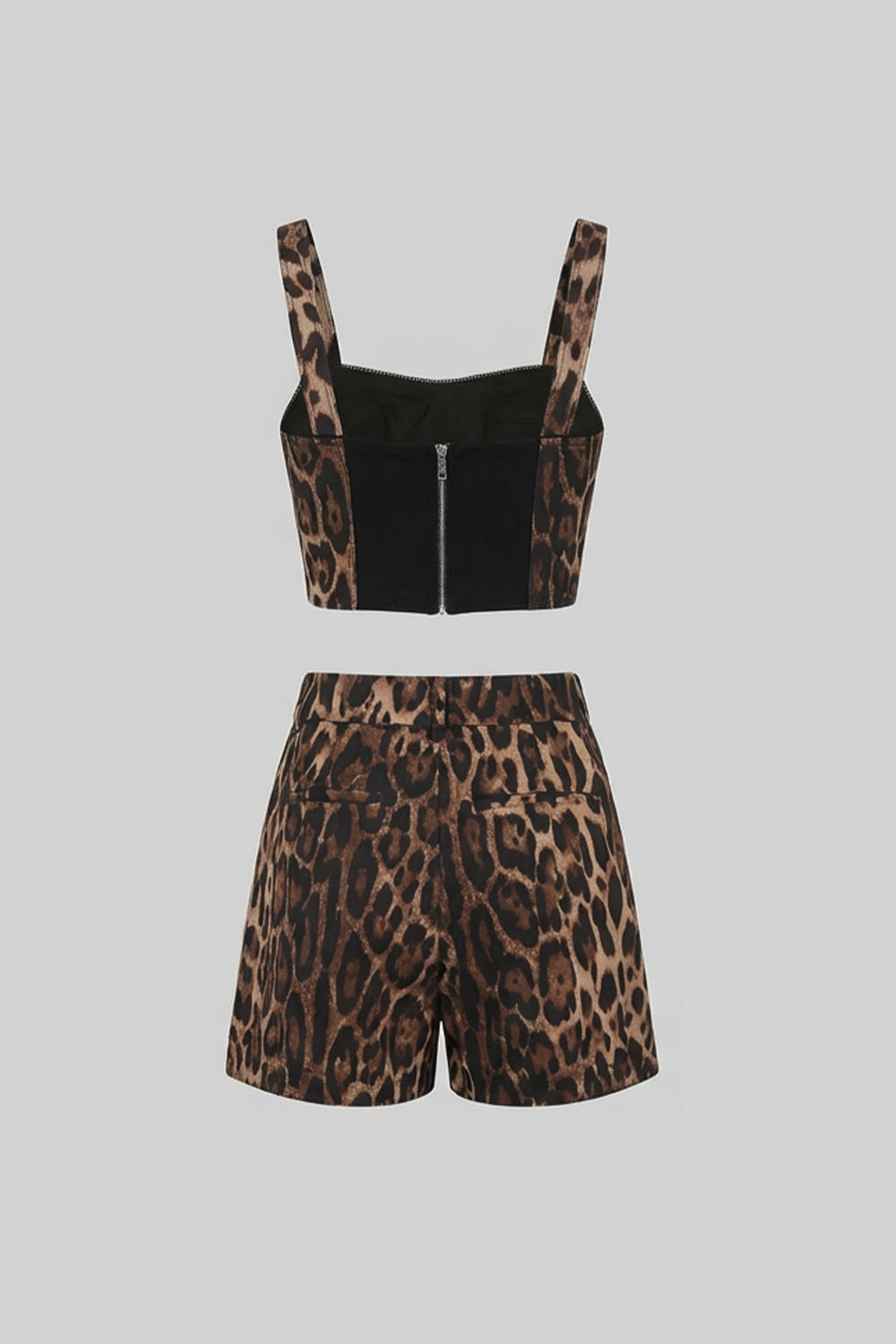 Leopard Print Crop Top and Tailored Shorts Set with Wide Straps – Brown