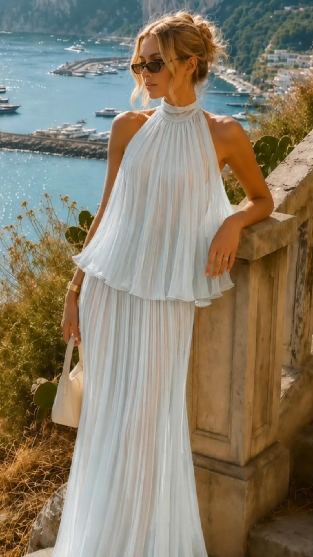 arohanui blue pleated top & skirt set