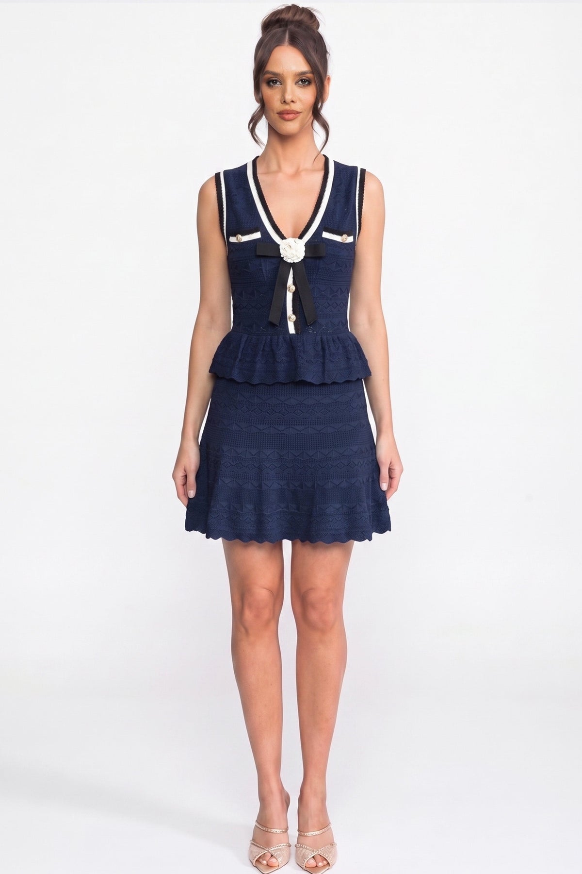 Lucienne Navy Peplum Knit Mini Dress With Contrast Trim And Bow