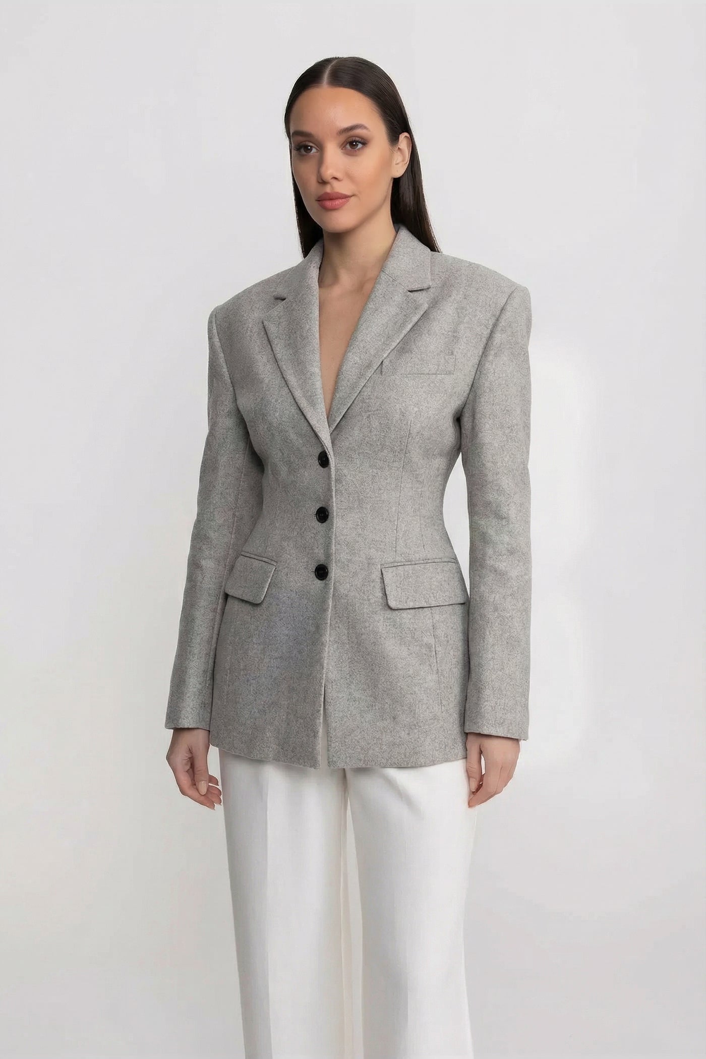 Tailored Longline Blazer With Structured Shoulders - Light Gray