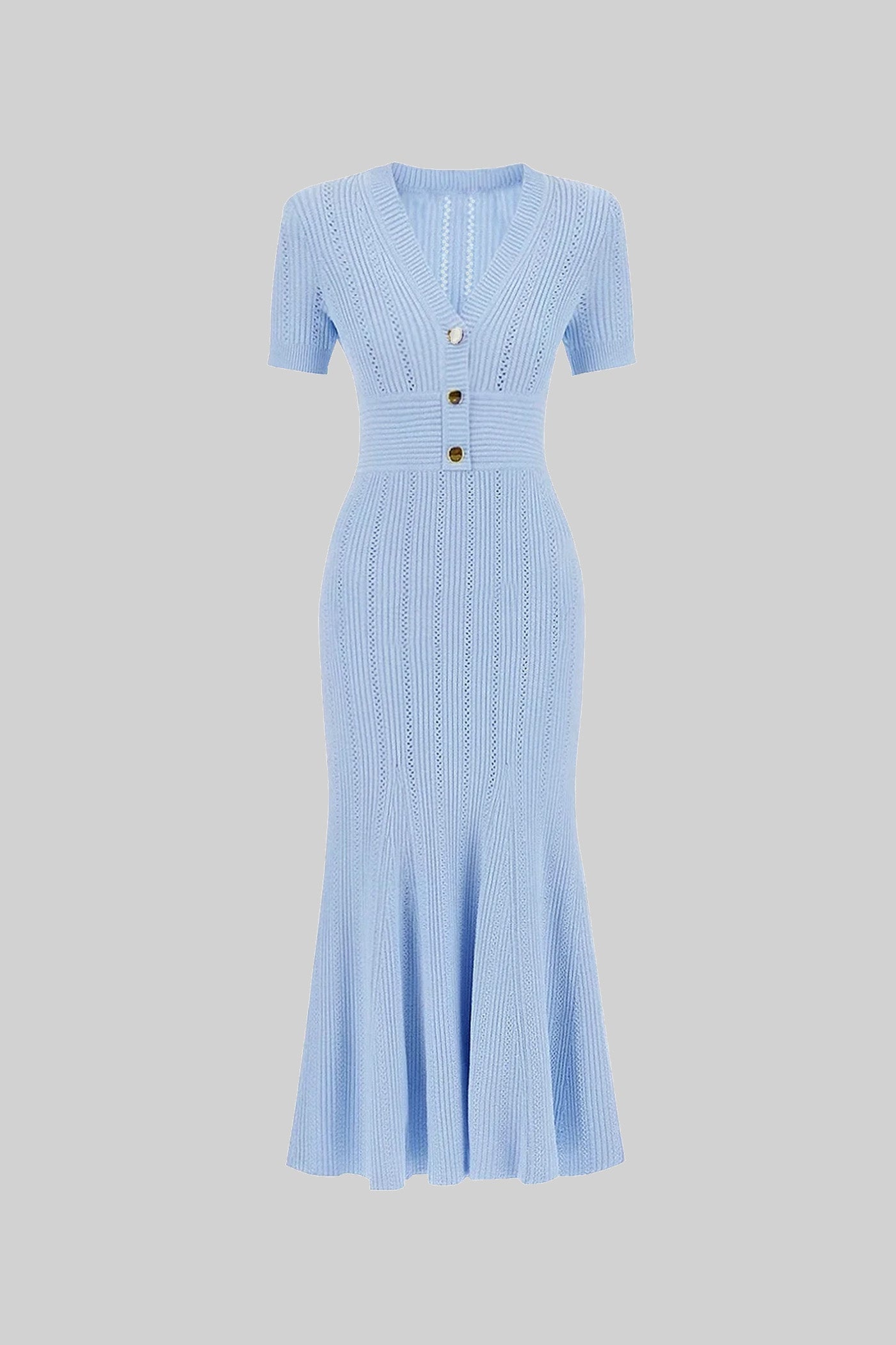 Ribbed Short Sleeve Midi Dress With Gold Button V-Neckline - Blue