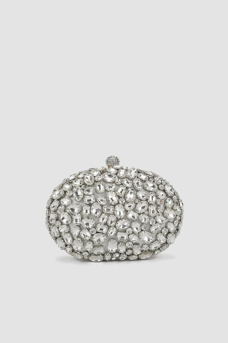 Crystal-Embellished Oval Clutch with All-Over Stone Finish – Silver