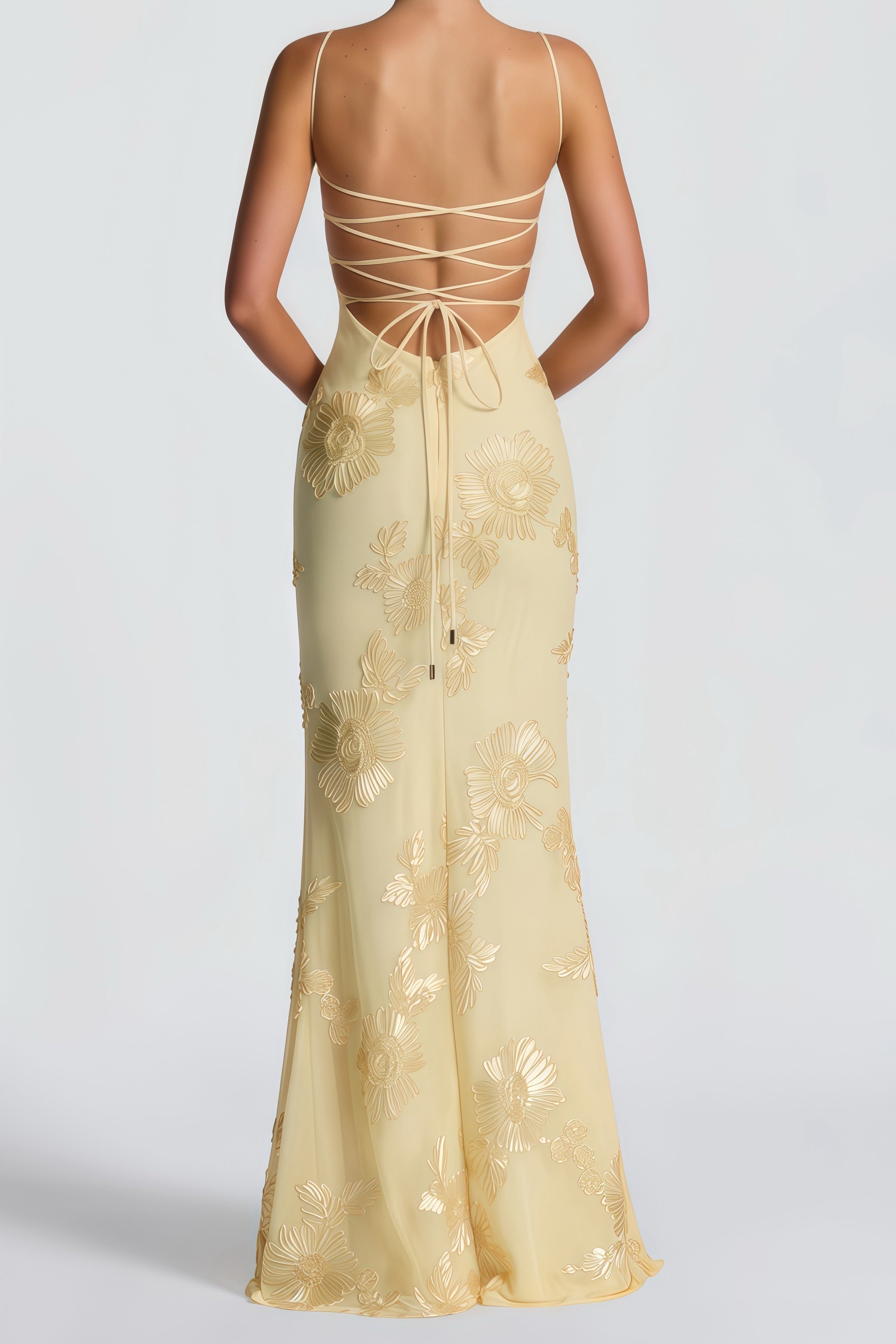 Théoline Yellow Floral Appliqué Corset Maxi Dress (Final Sale-US Only)