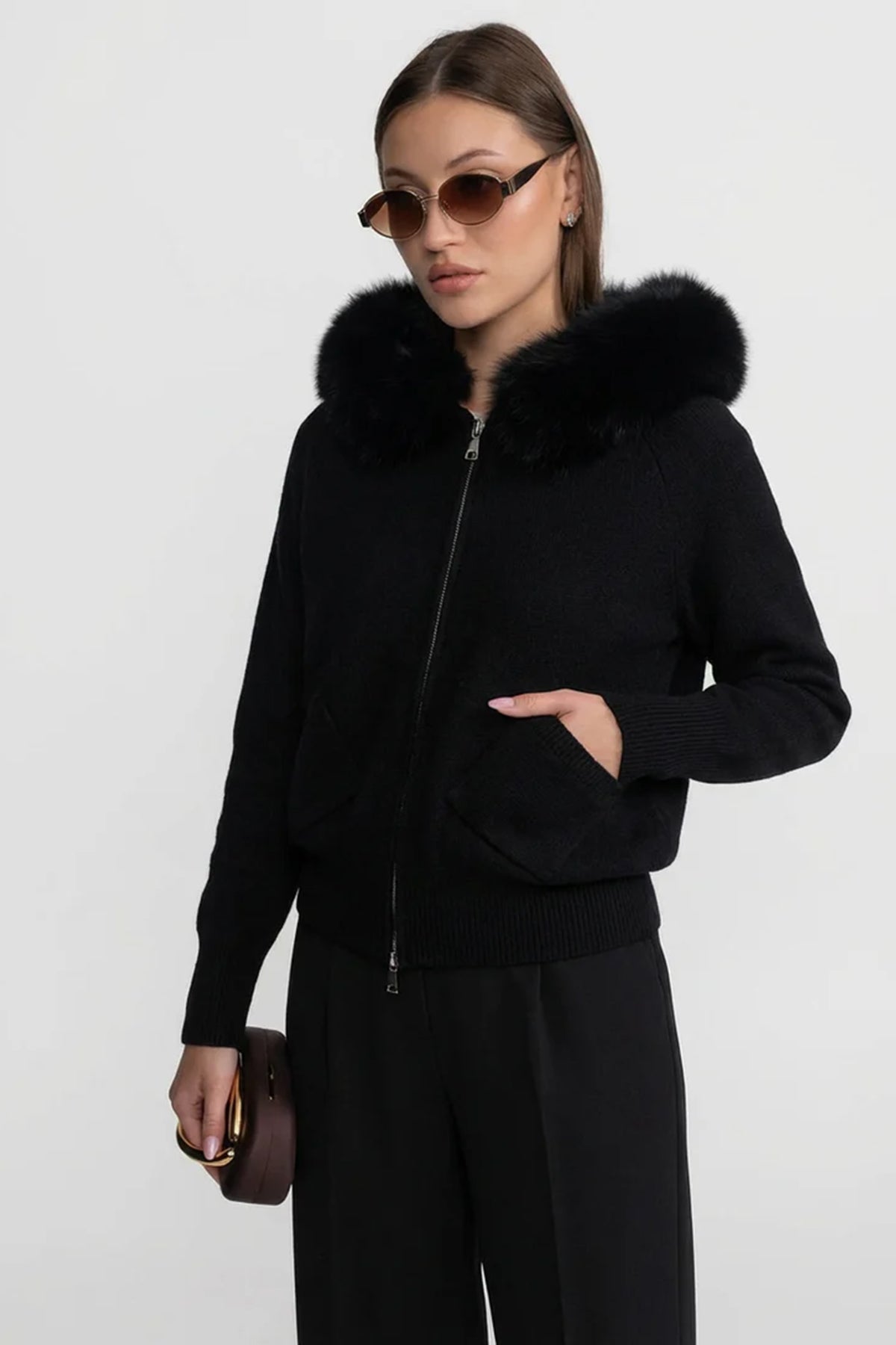 Zip-Up Wool Hoodie With Fox Fur Collar – Black