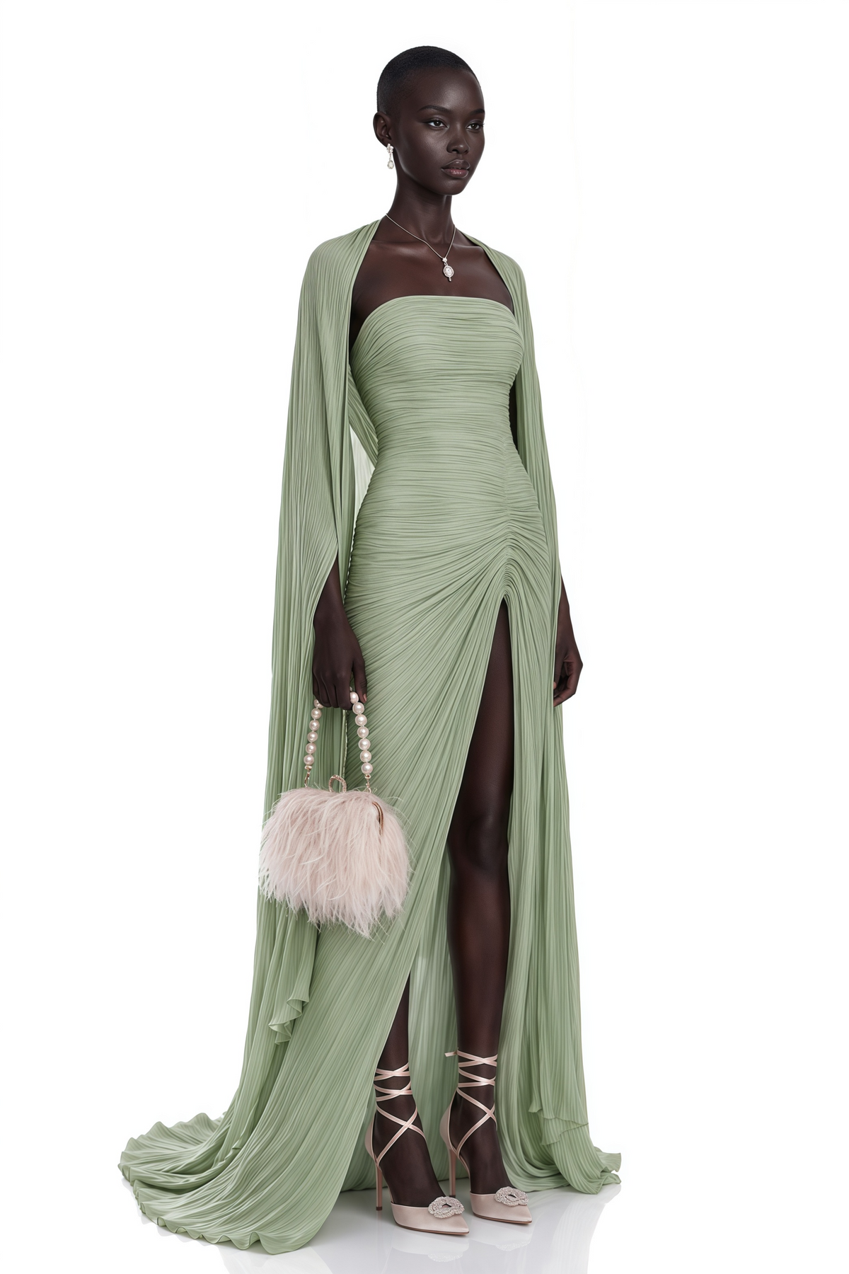 shifra green asymmetrical cape maxi dress
