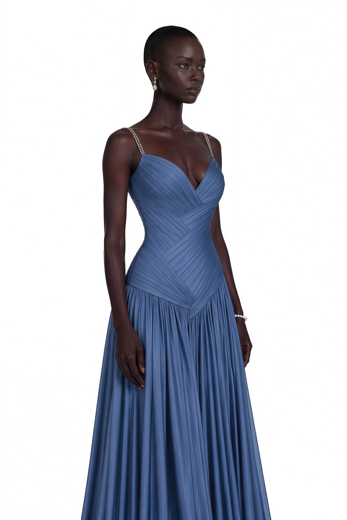 angelína blue diagonal pleated gathered maxi gown