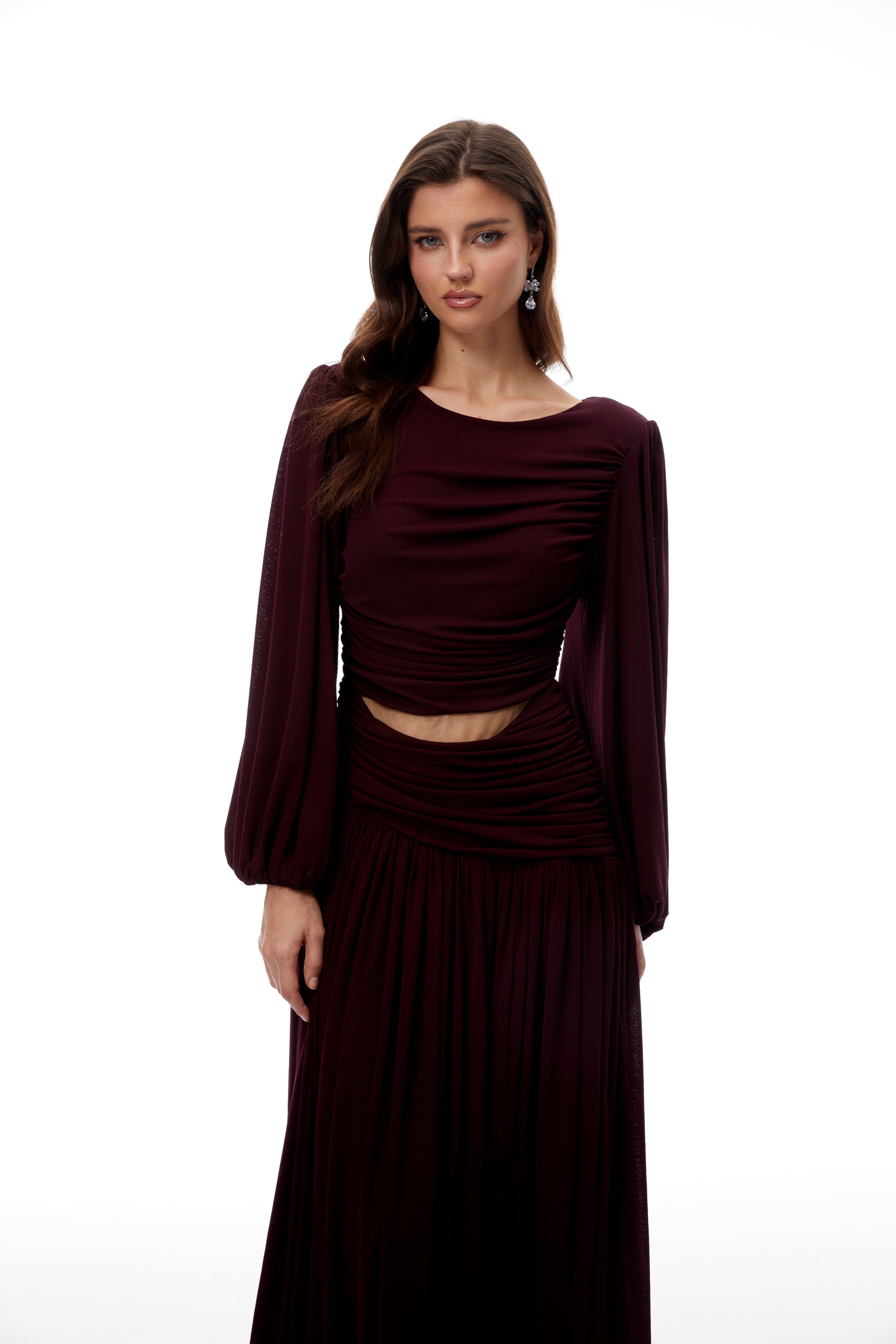 Fiorella Burgundy Cut Out Gathered Midi Dress (Final Sale-US Only)