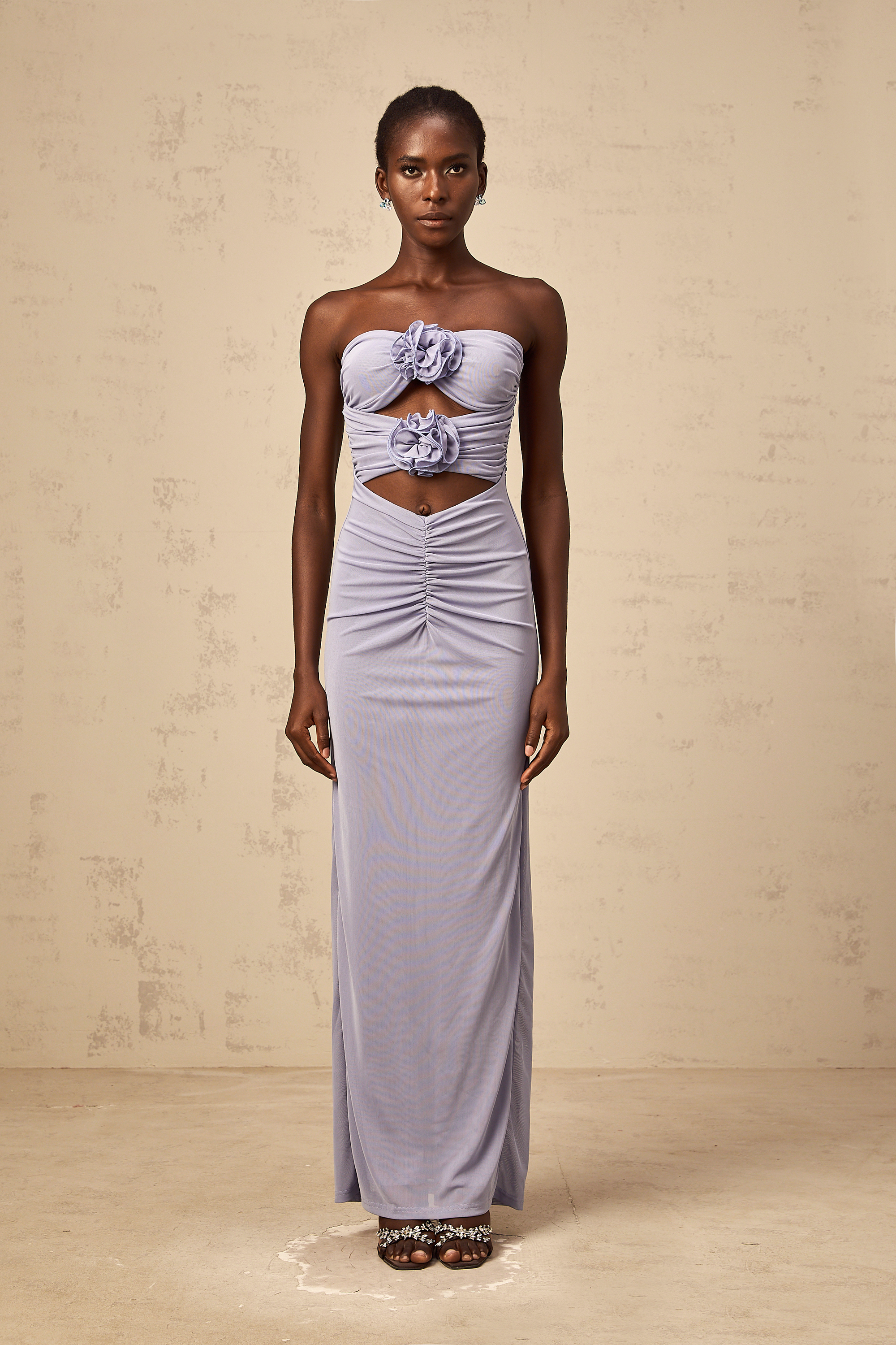 Karine lavender 3D-petal ruched corset maxi dress