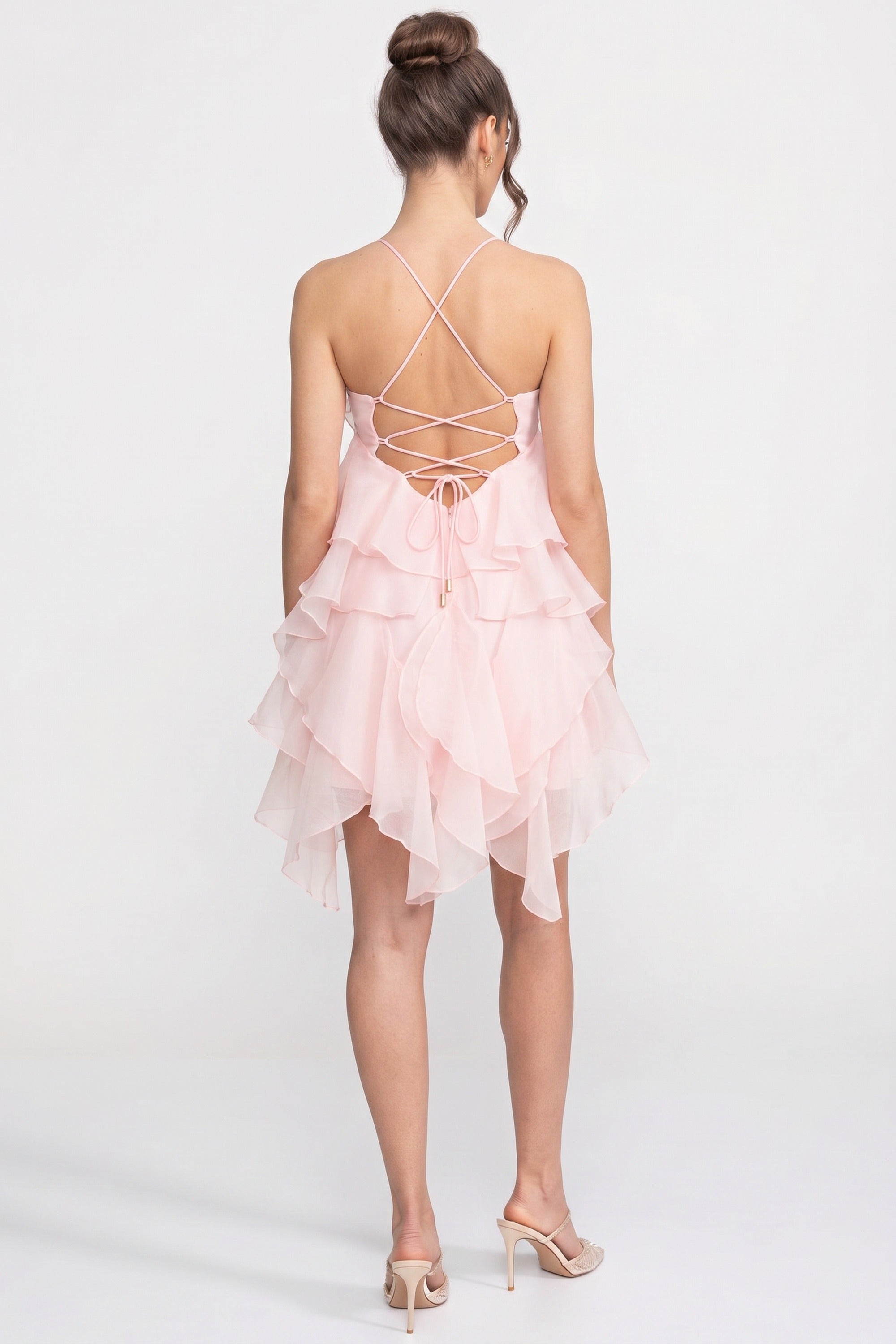 Tiered Ruffle Mini Dress With 3D Floral Halter Neck - Pink